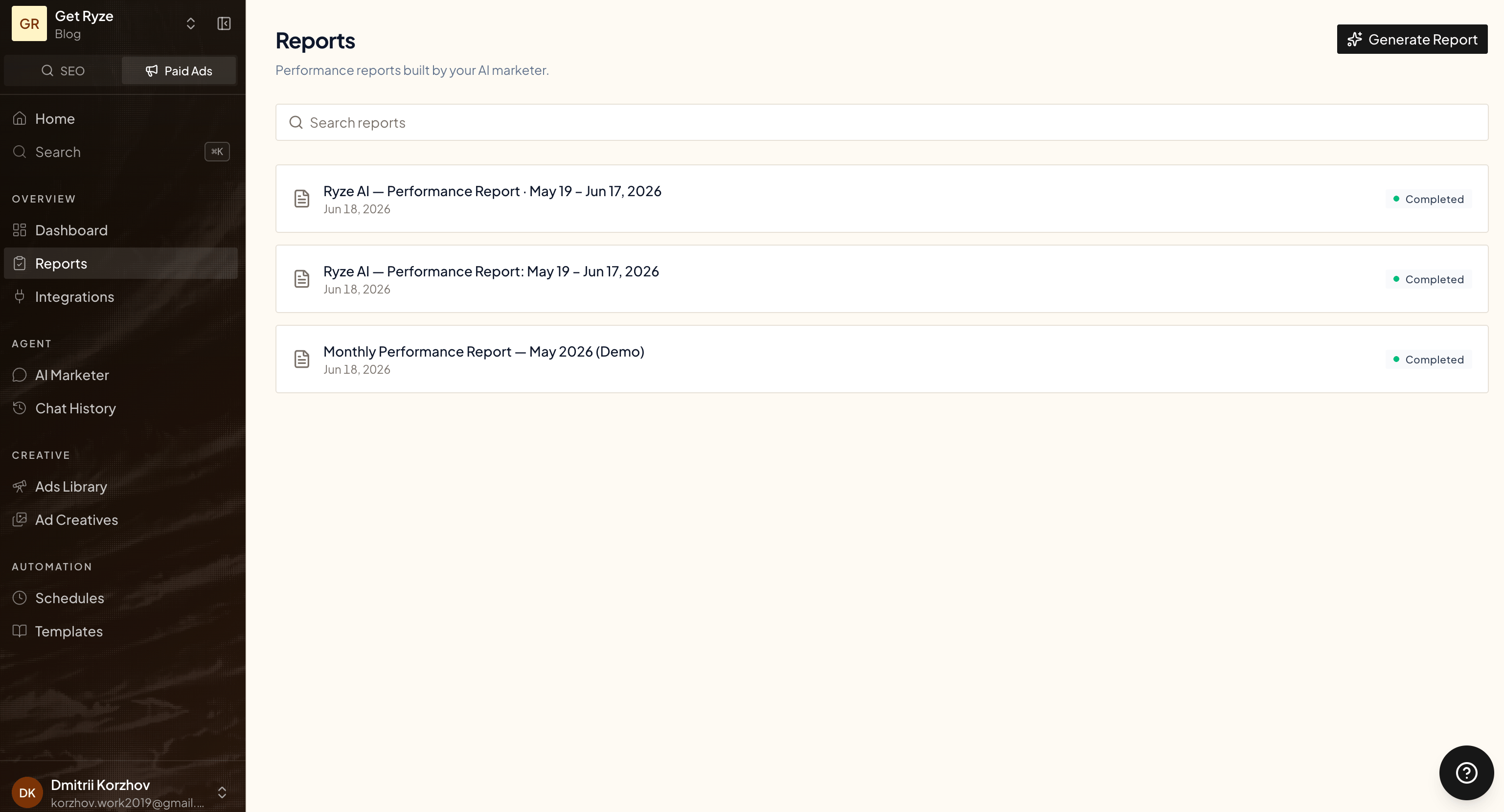 The Reports page listing reports built by the agent