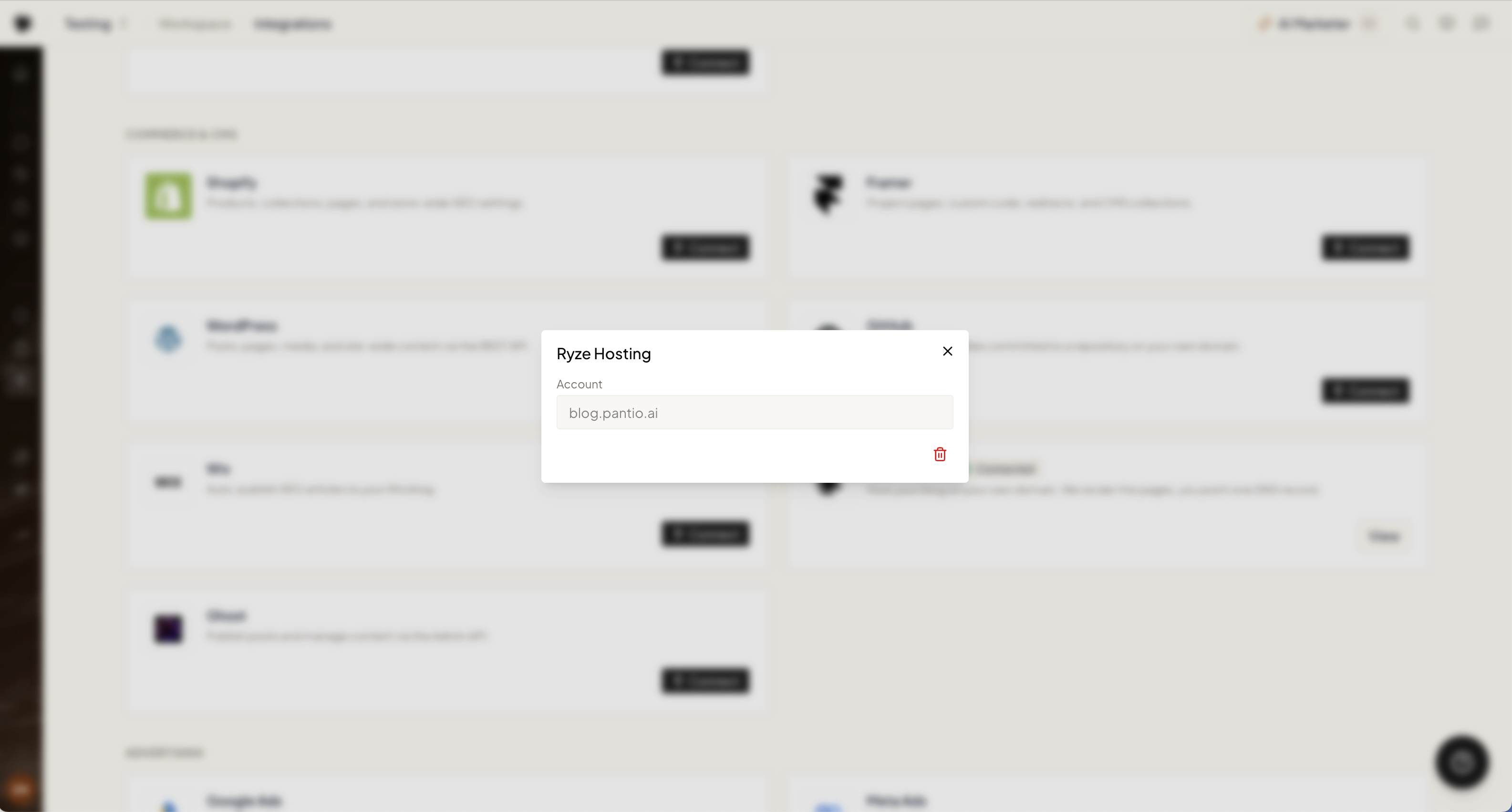 The Ryze Hosting dialog with the domain field