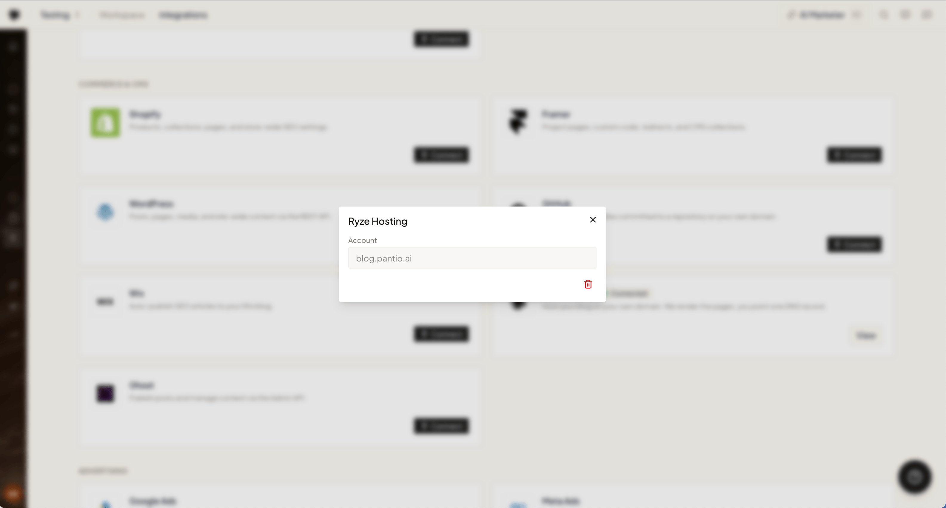 The Ryze Hosting dialog with the domain field