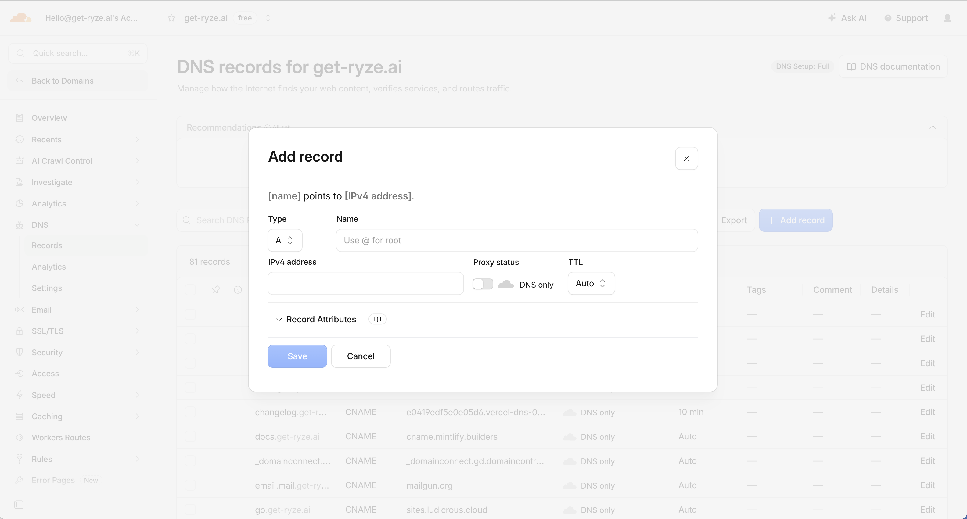 Adding the DNS record in Cloudflare, set to DNS only
