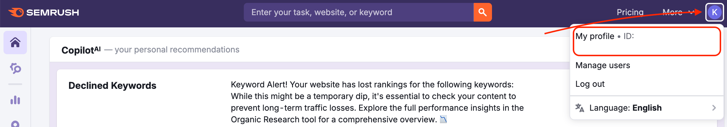 Reaching your Semrush account from the profile menu