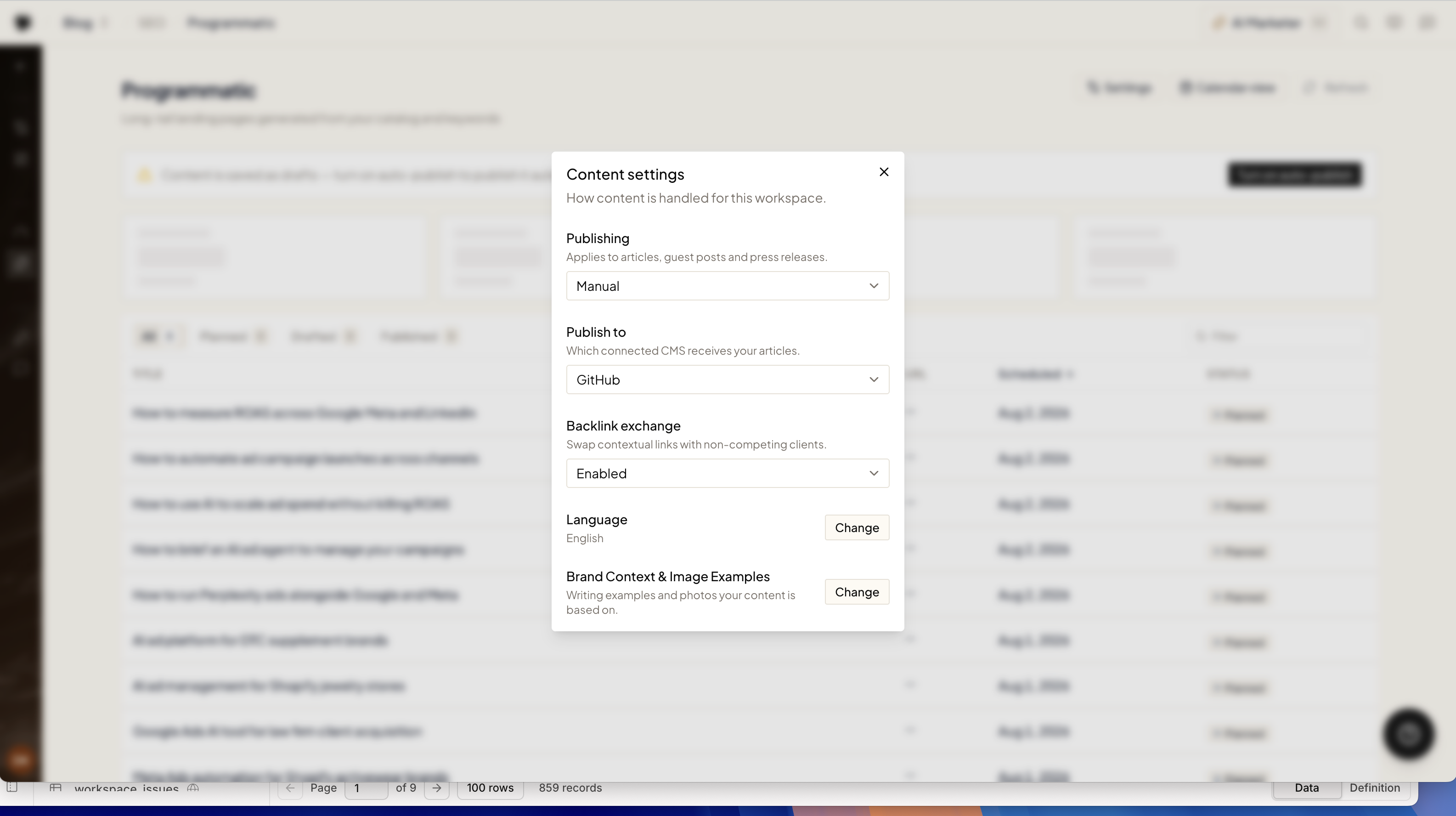The Content settings dialog with the Backlink exchange toggle