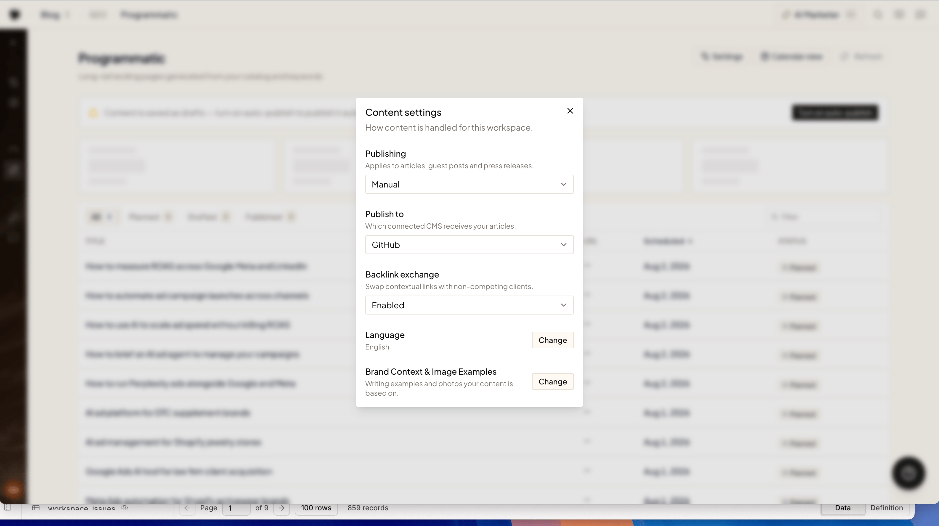 The Content settings dialog with the Backlink exchange toggle