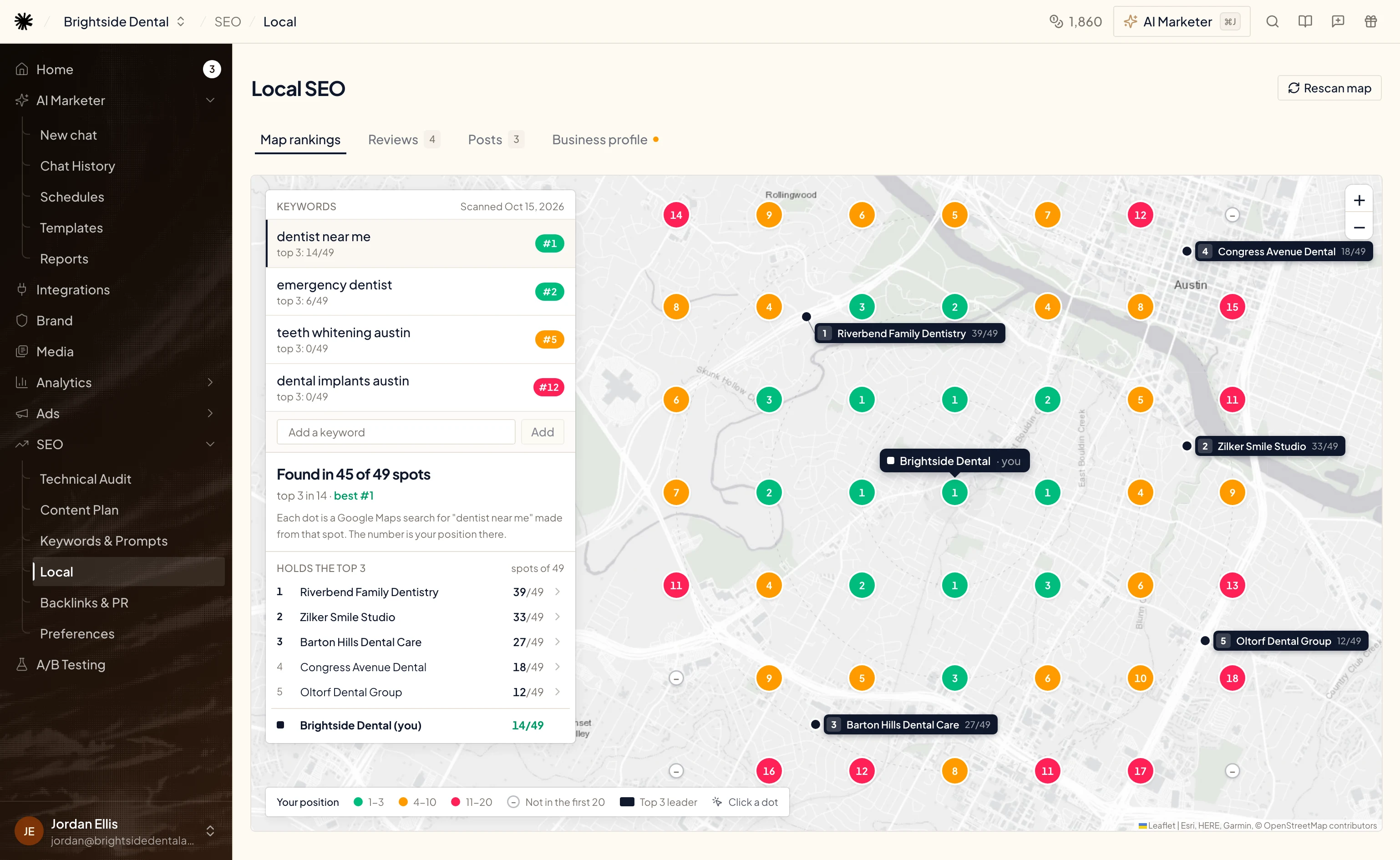 Map rankings: a 7×7 grid of numbered dots around the office pin, the Keywords card with Found in 45 of 49 spots, and the businesses that hold the top 3