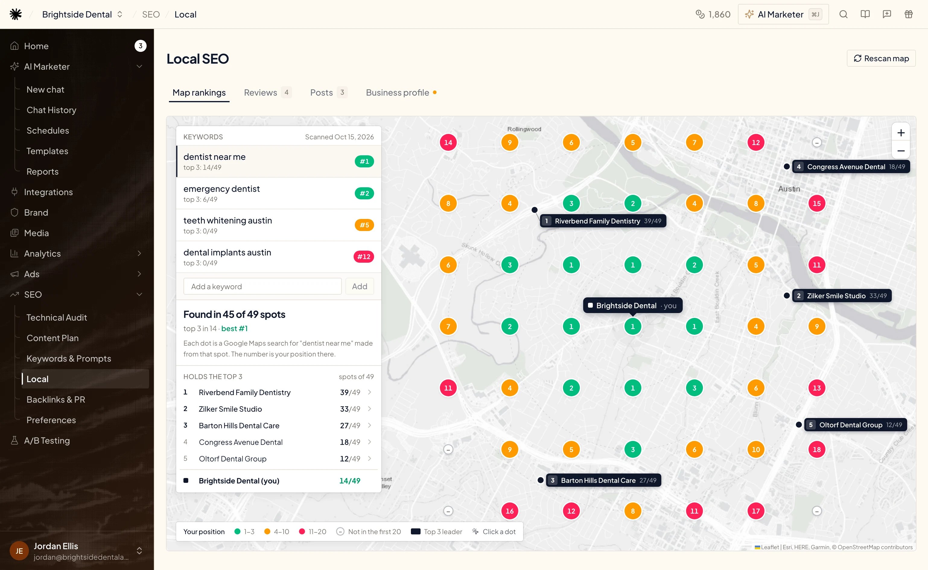 Map rankings: a 7×7 grid of numbered dots around the office pin, the Keywords card with Found in 45 of 49 spots, and the businesses that hold the top 3