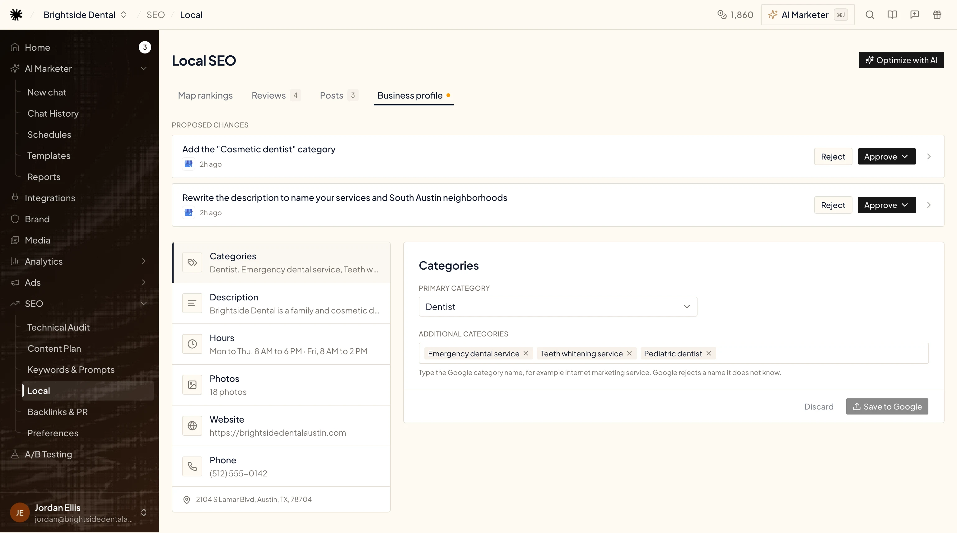 Business profile tab: two Proposed changes cards at the top, the listing fields on the left and the Categories editor on the right
