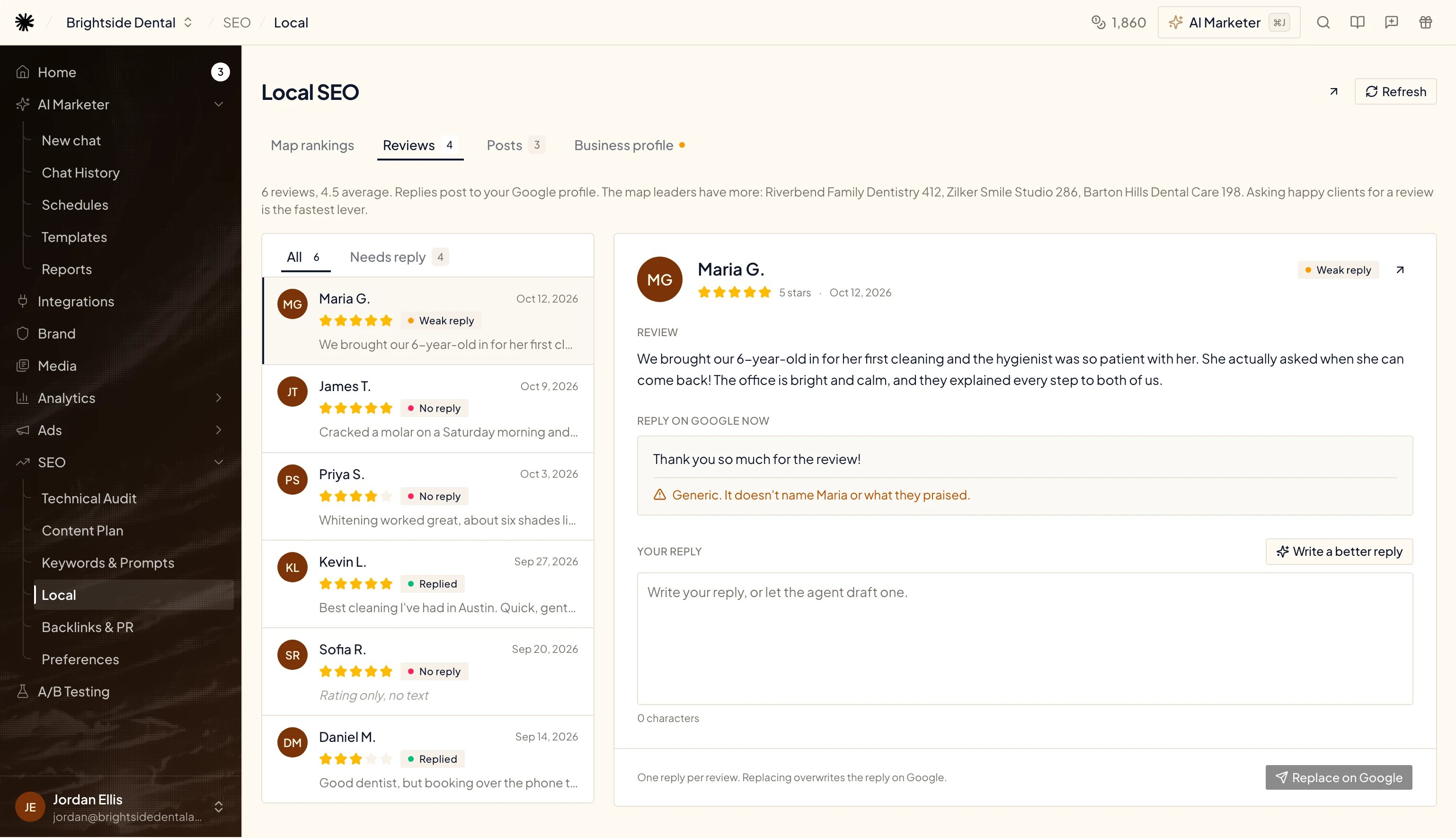 Reviews tab: the review list with All and Needs reply tabs on the left and the selected review with its reply box on the right