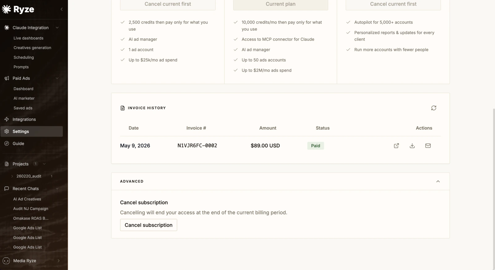 Plans, invoice history, and cancel subscription