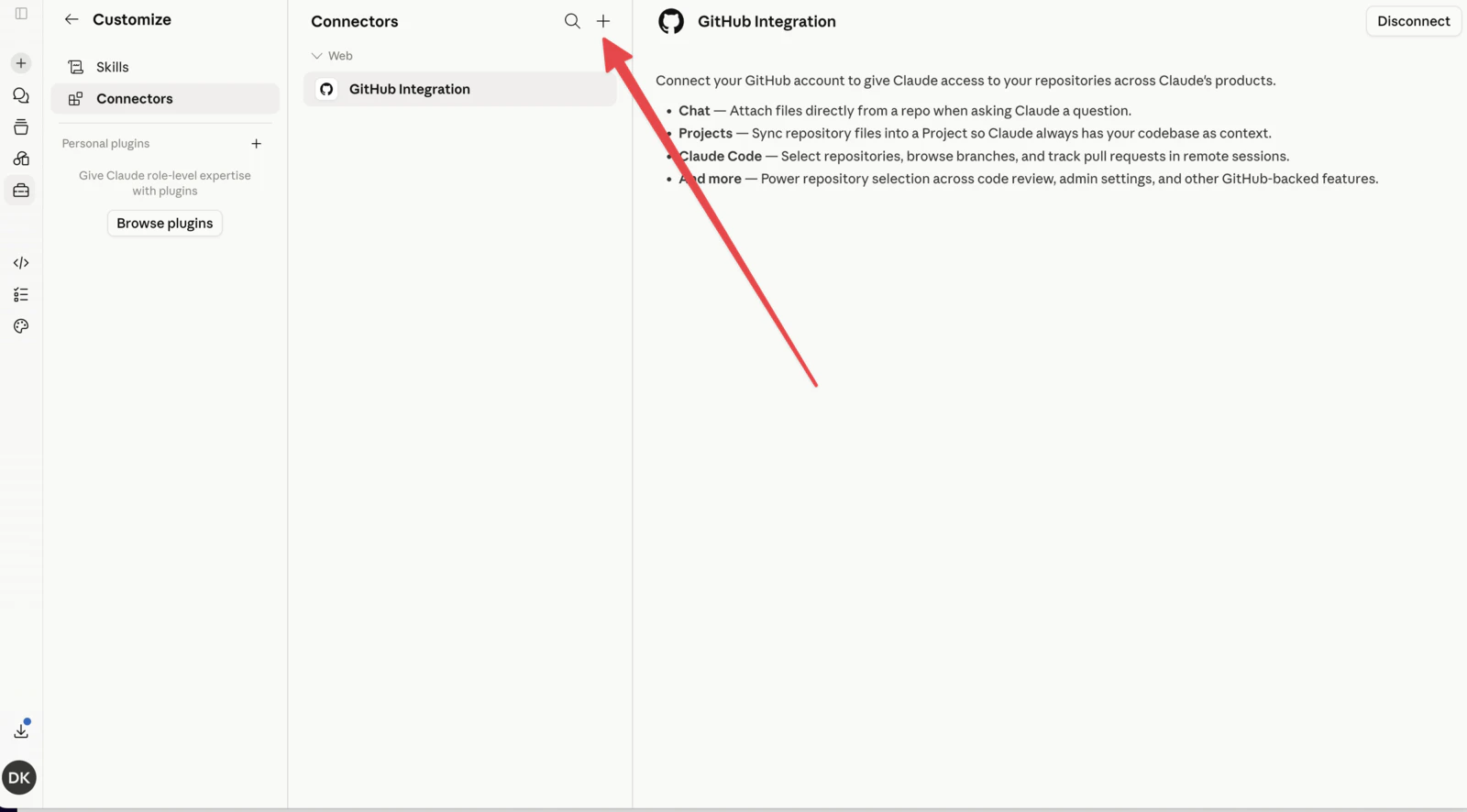 Add a custom connector with the plus button