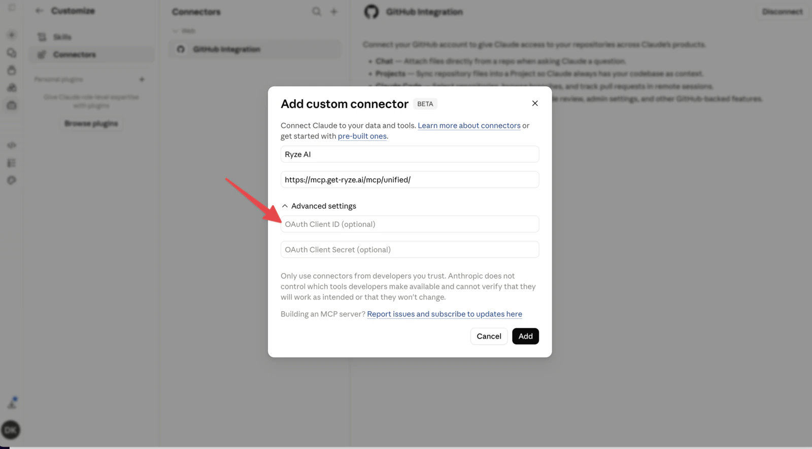 Add custom connector dialog with URL and OAuth Client ID field