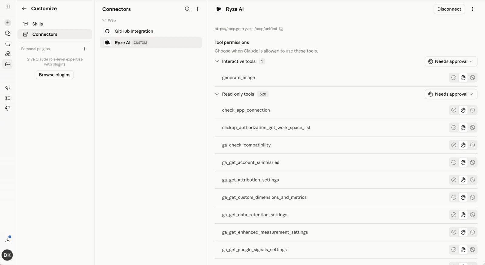 Ryze AI connector connected in Claude with its tools listed