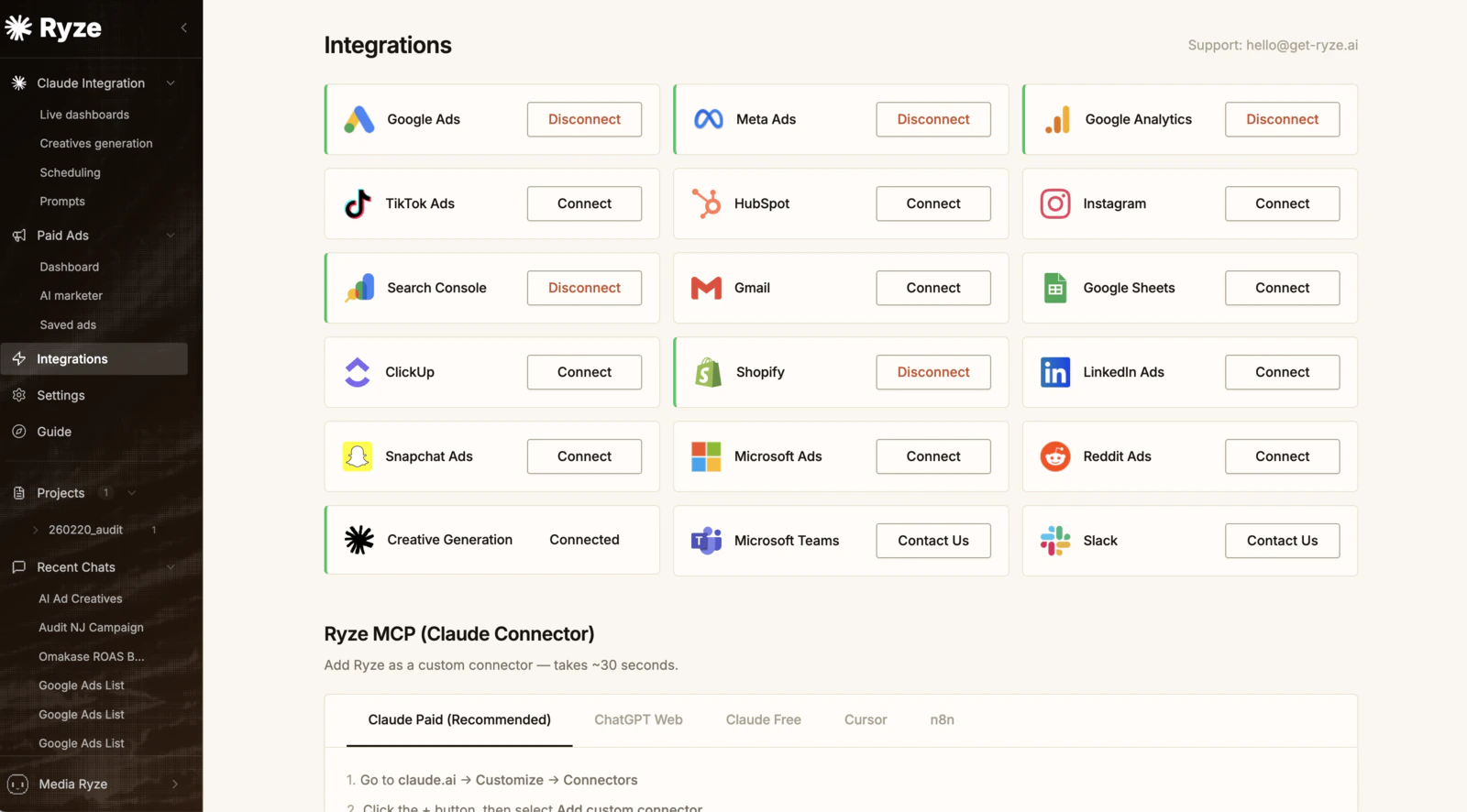 Ryze dashboard Integrations page