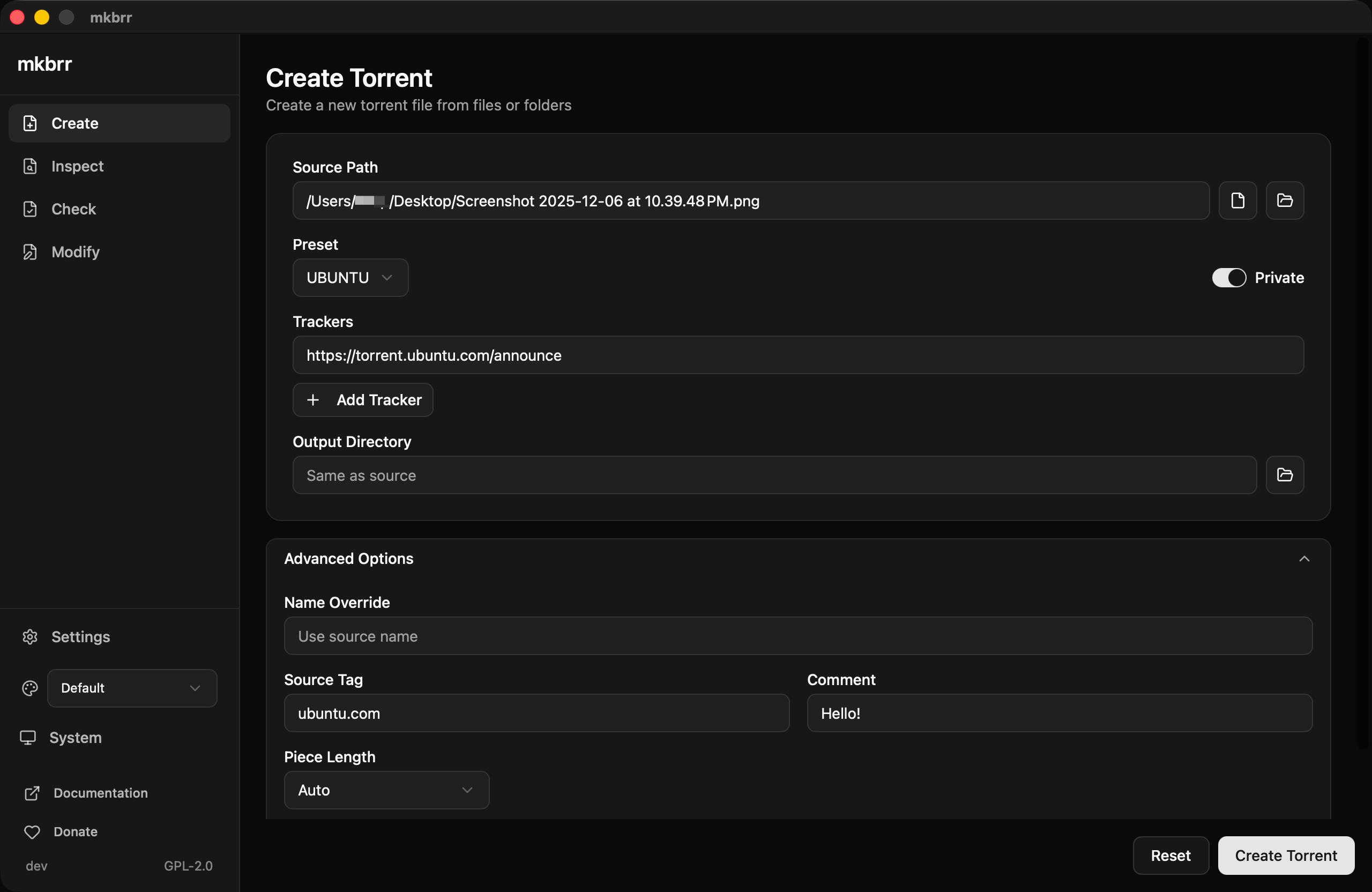 mkbrr GUI - Create page