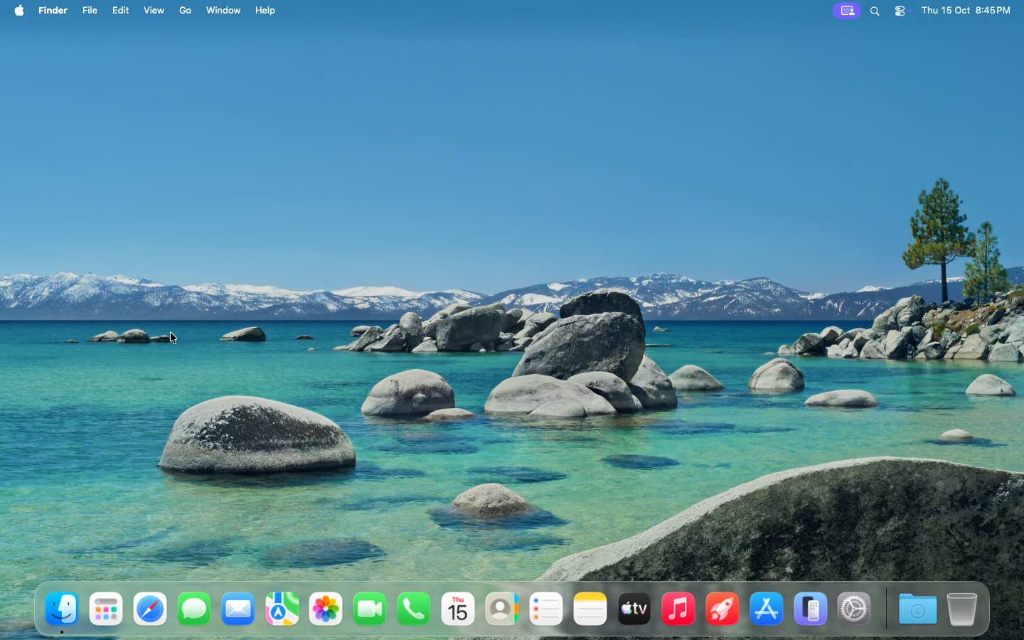 A macOS sandbox desktop with the Lake Tahoe wallpaper, menu bar, and Dock.