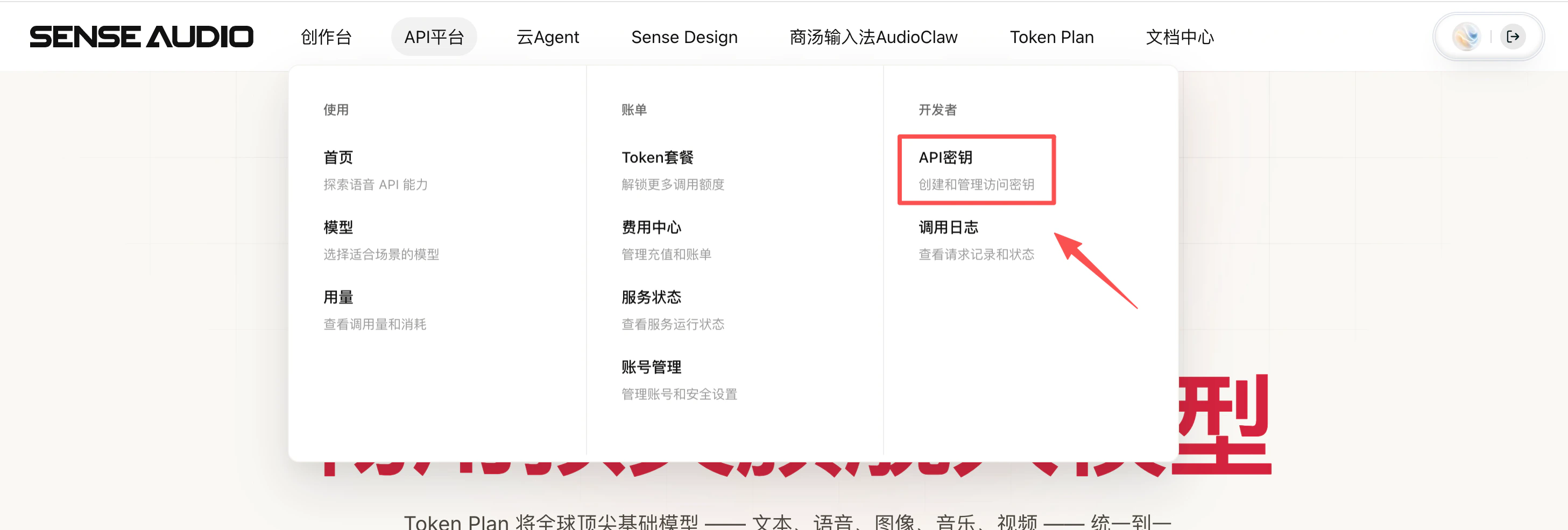 左上角工作区切换到 SenseAudio API