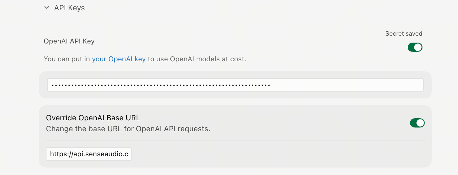 Cursor API Key 已保存并启用，Override OpenAI Base URL 开关已开启