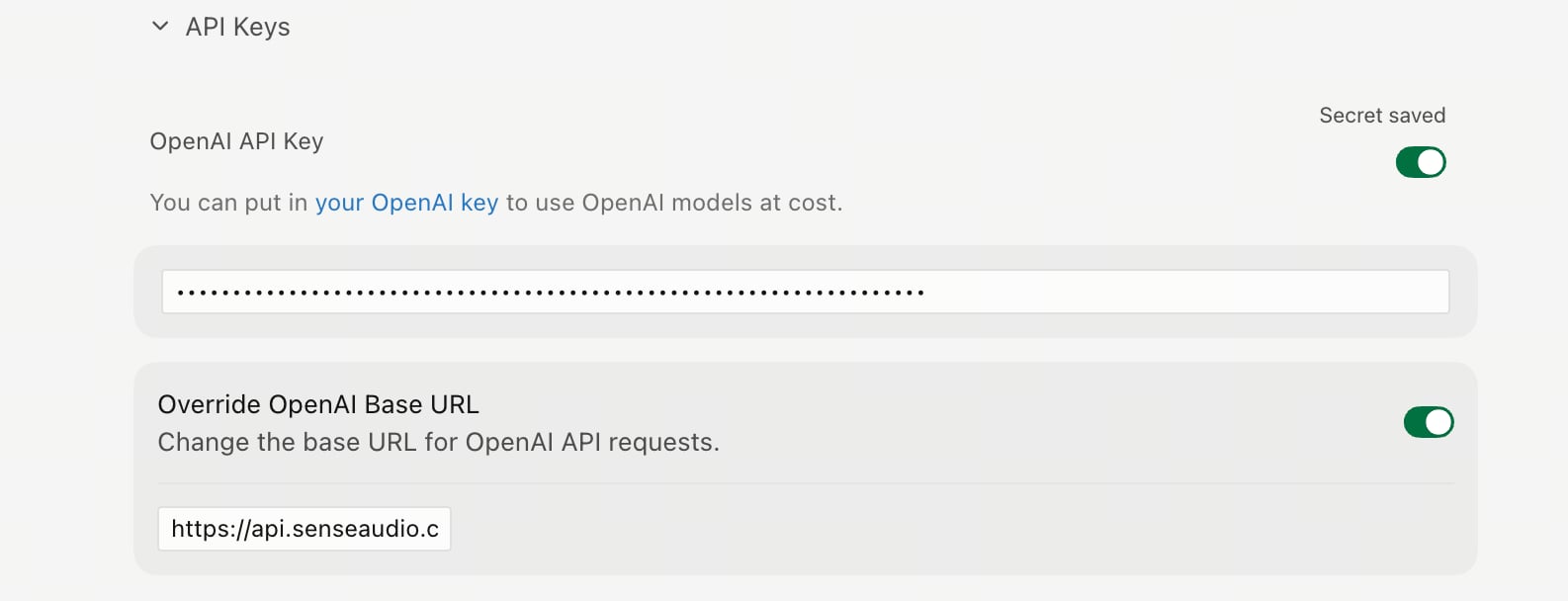 Cursor API Key 已保存并启用,Override OpenAI Base URL 开关已开启