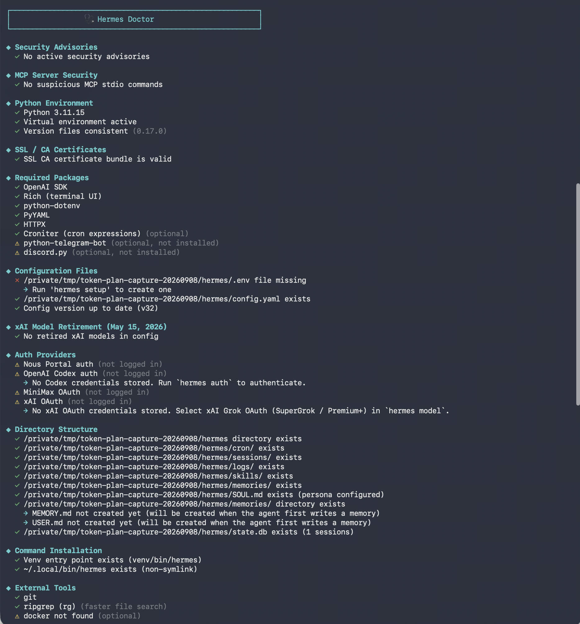 Hermes Doctor 检查结果：核心 Python 环境和配置文件存在，仍有环境文件和可选依赖提示
