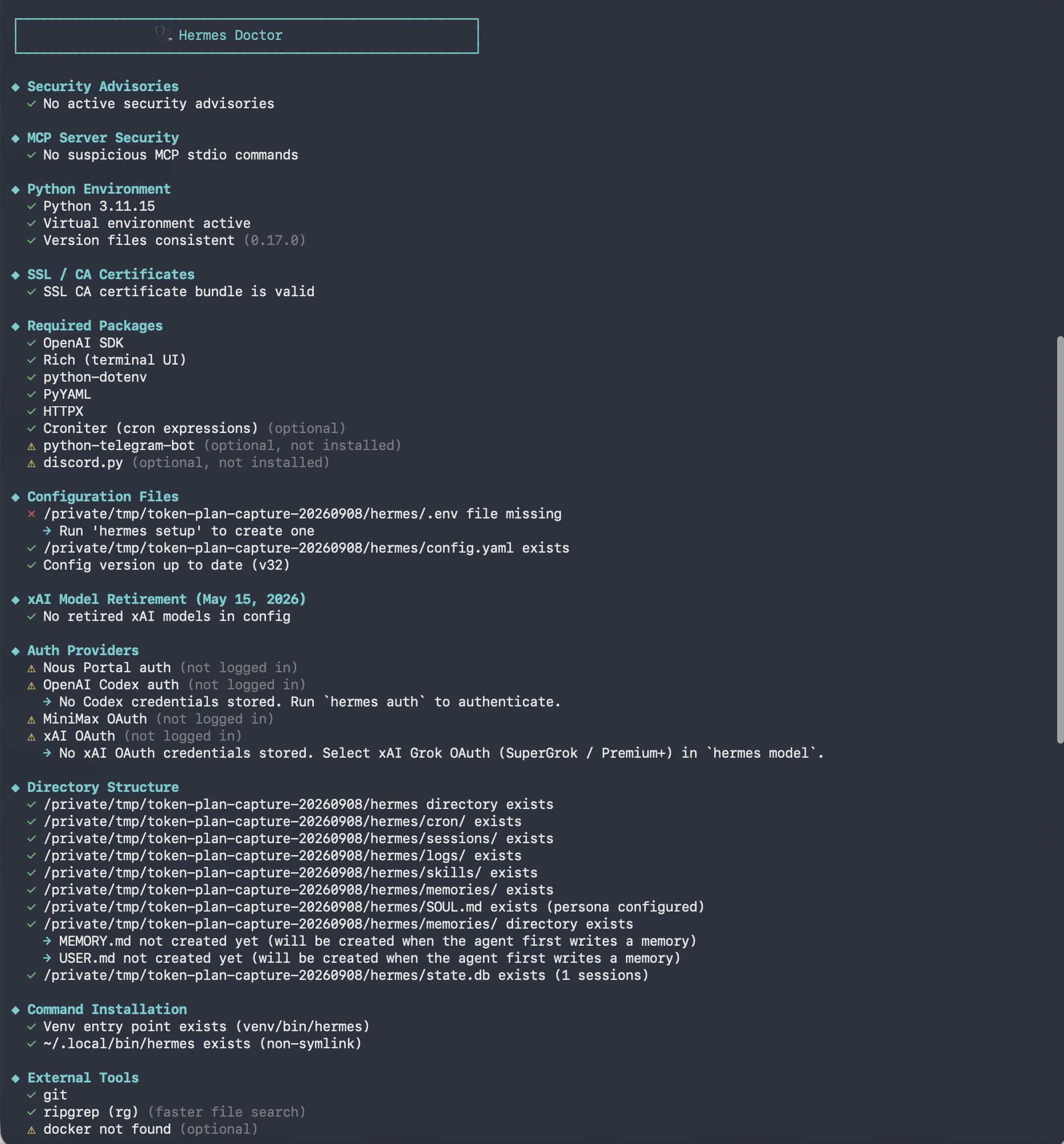 Hermes Doctor 检查结果:核心 Python 环境和配置文件存在,仍有环境文件和可选依赖提示