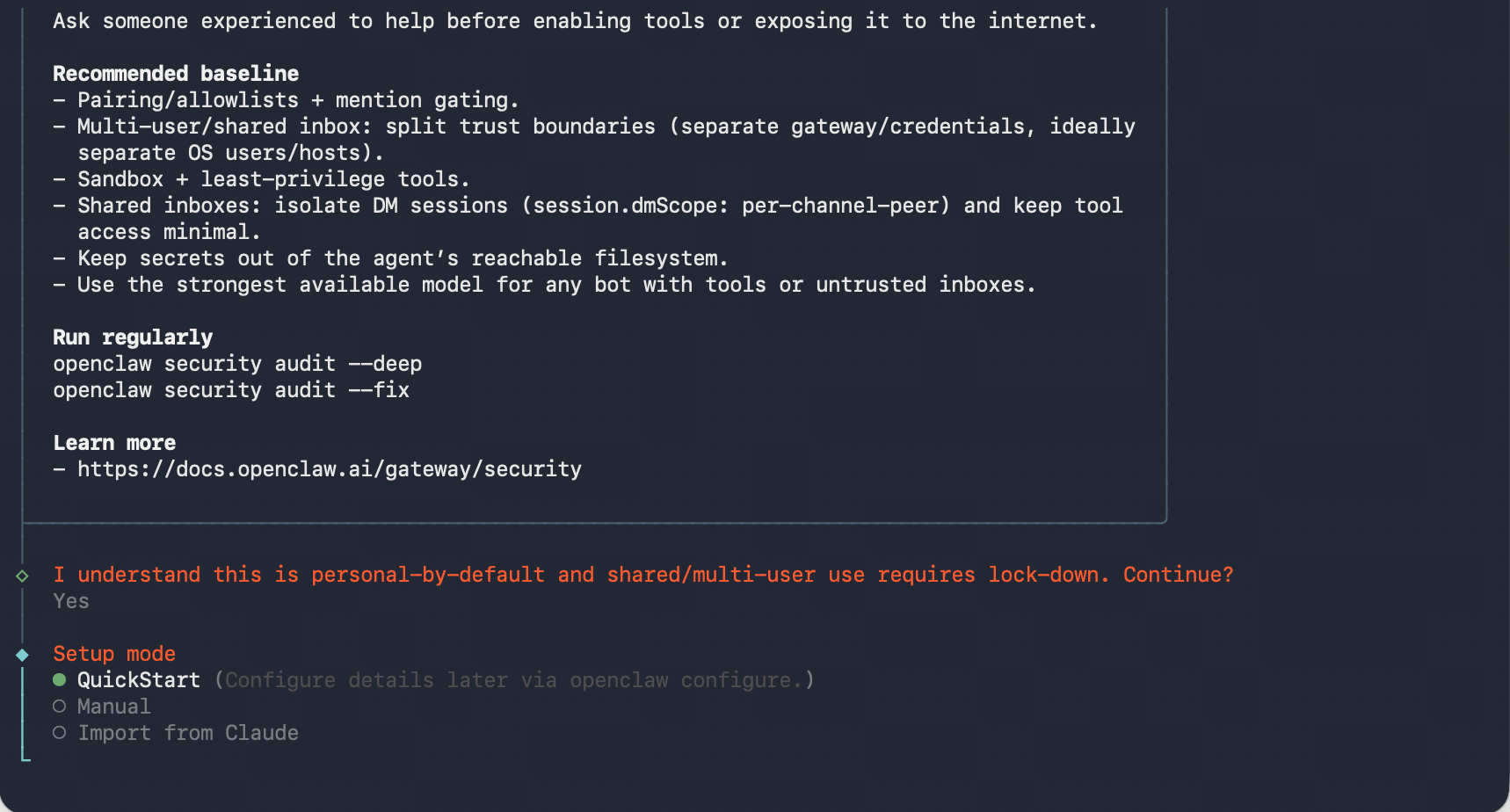 OpenClaw Setup mode 选择 QuickStart
