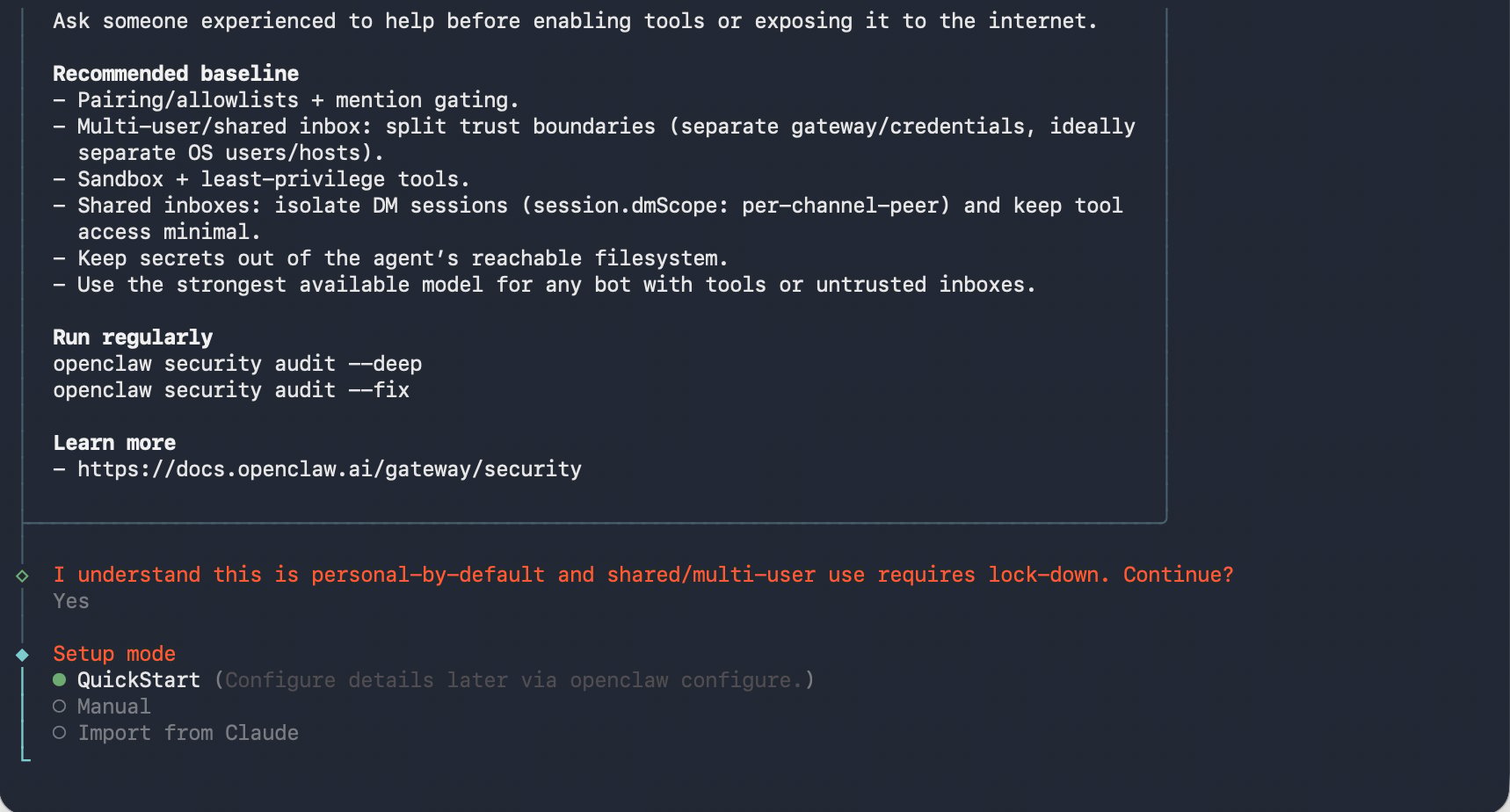 OpenClaw Setup mode 选择 QuickStart