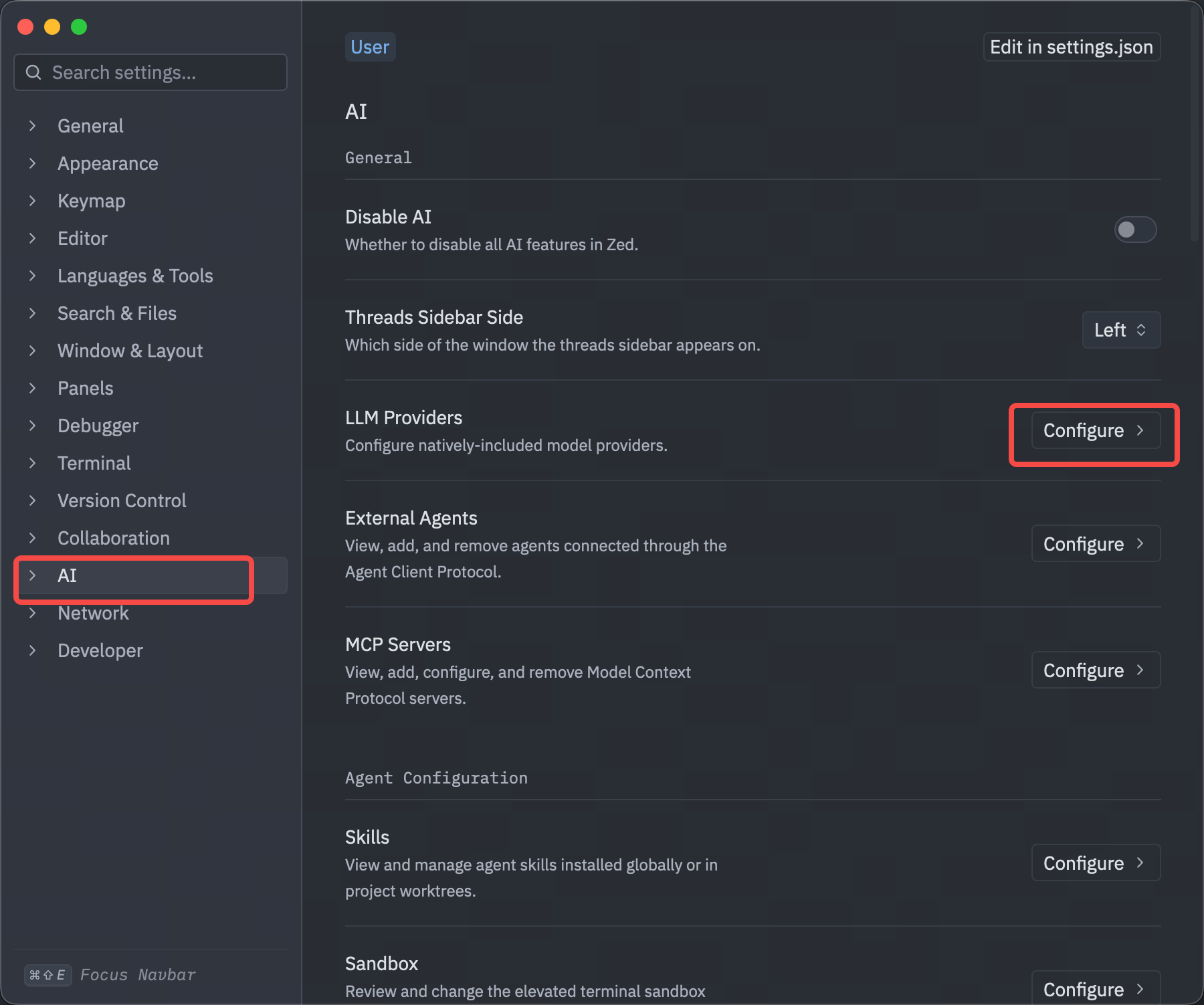 Zed AI 设置中标出的 LLM Providers Configure 按钮