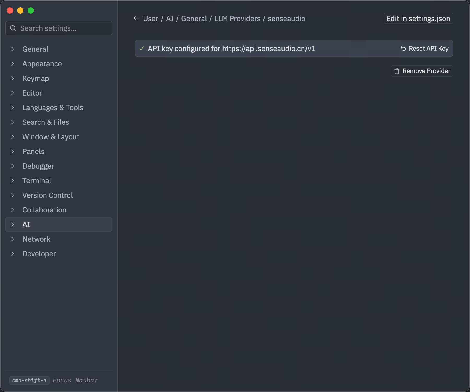 Zed 的 senseaudio Provider 已保存，显示 API key configured 状态