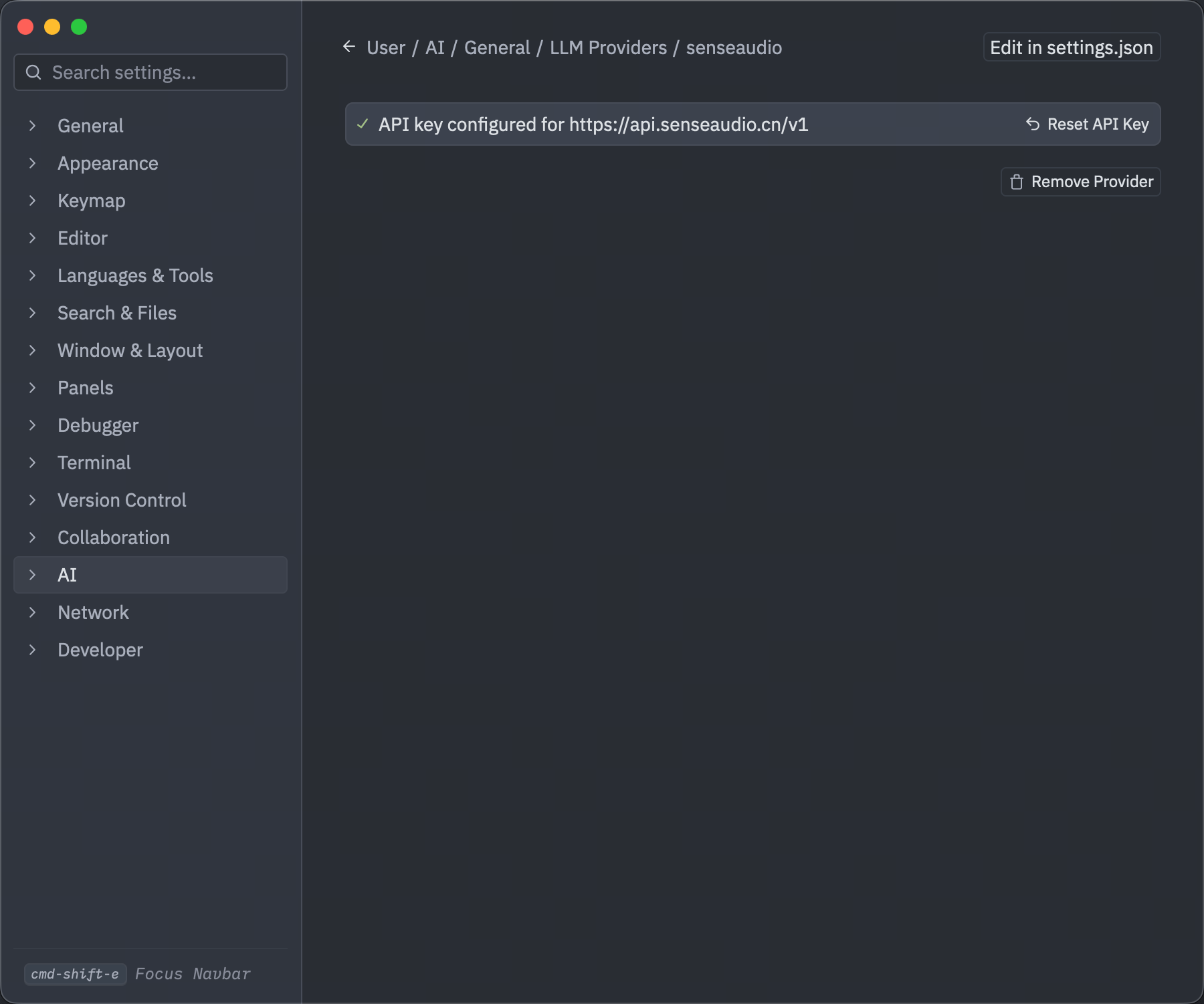 Zed 的 senseaudio Provider 已保存,显示 API key configured 状态