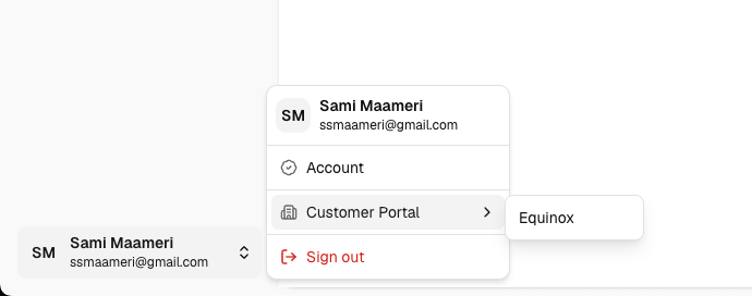 User navigation menu showing the Customer Portal option and an available organization