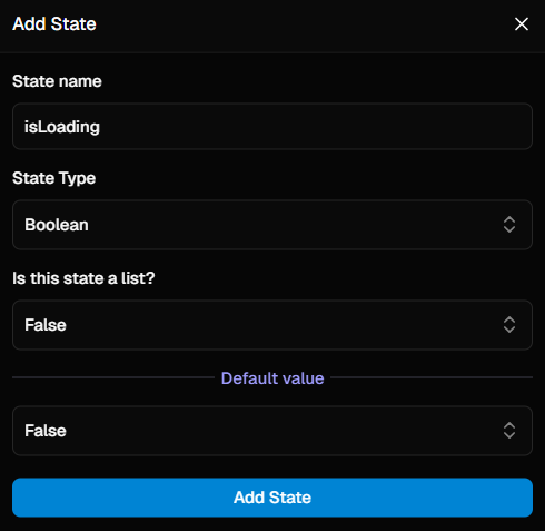 Configuring a new boolean state variable named isLoading.