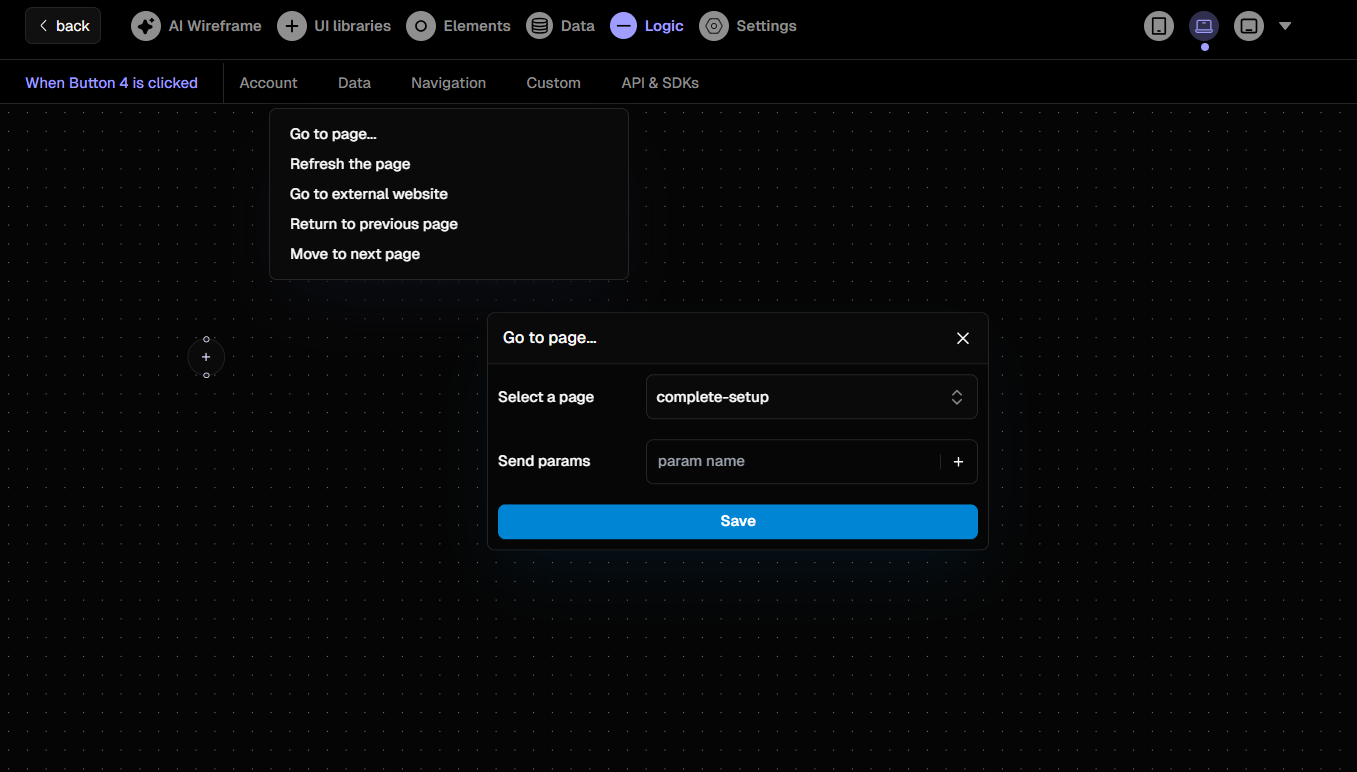 Configuring a 'Go to page' action in the Logic tab.