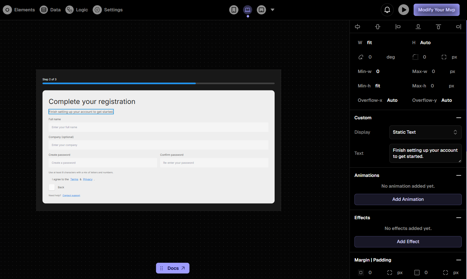 The Properties Panel on the right side of the Saasio Visual Editor.