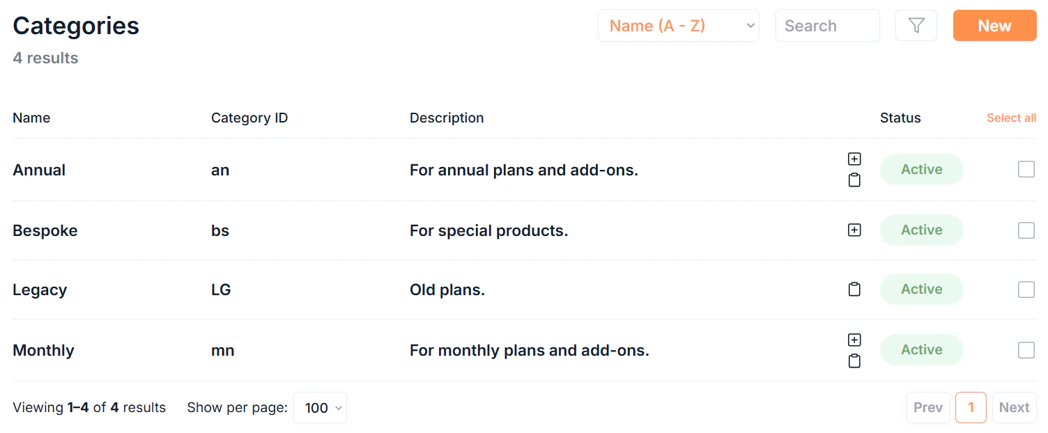 Categories Page Table Screenshot