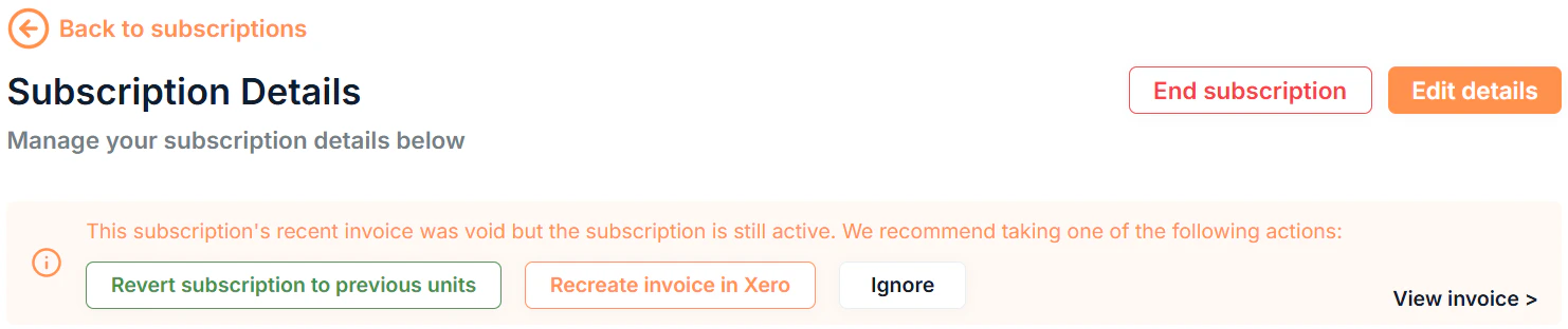 Subscription Details Page Attention Needed Screenshot