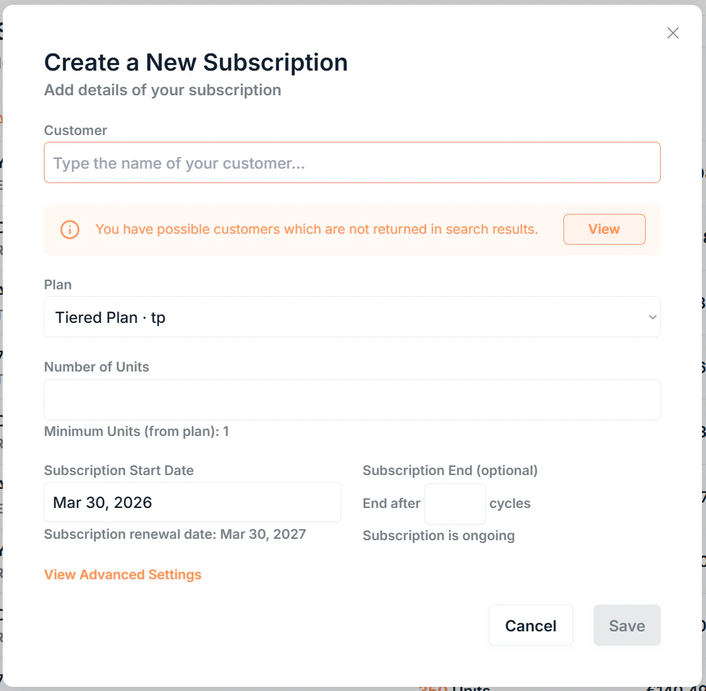Subscriptions Page New Subscription Screenshot