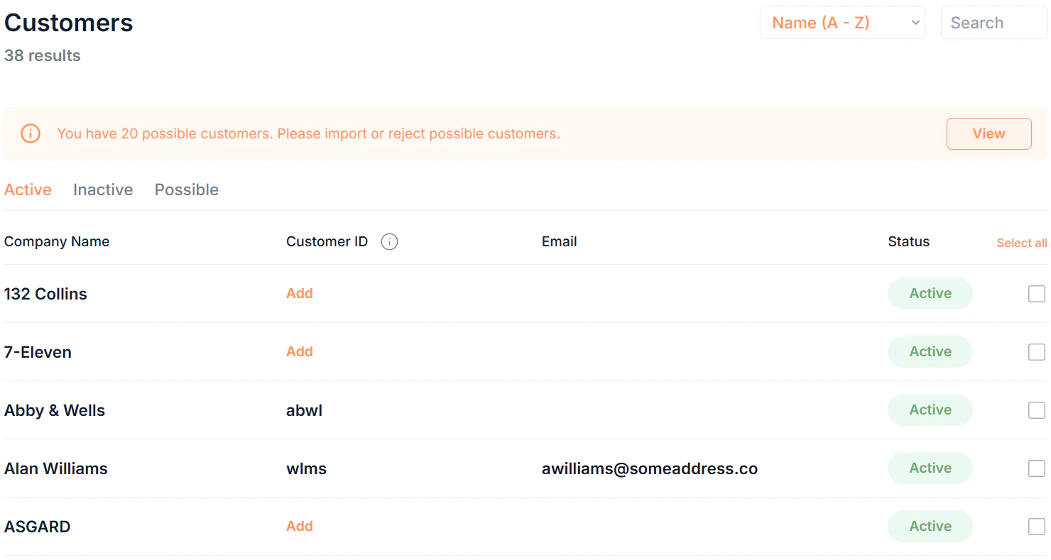 Customers Page Table Screenshot