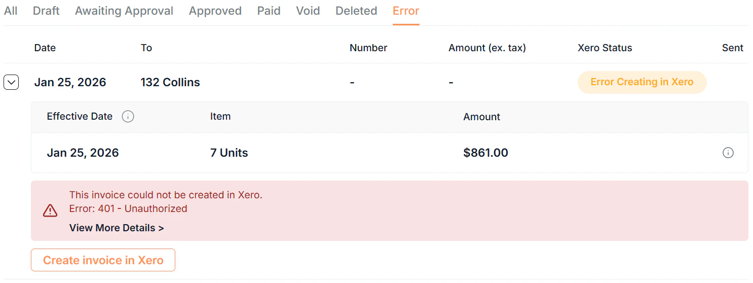 Invoices Page Error Invoice Screenshot