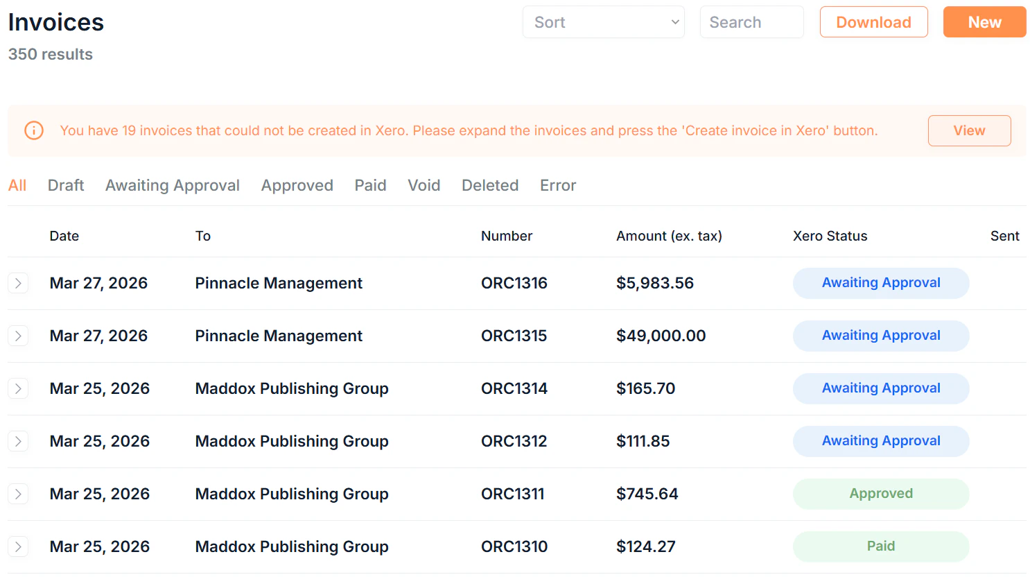Invoices Page Table Screenshot