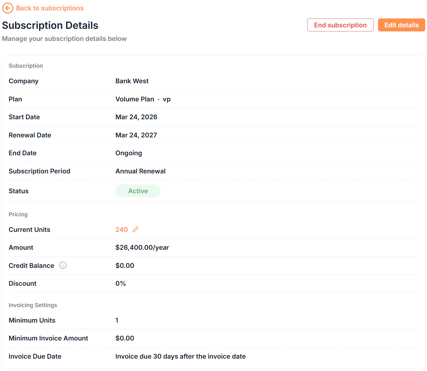 Subscription Details Page Details Screenshot