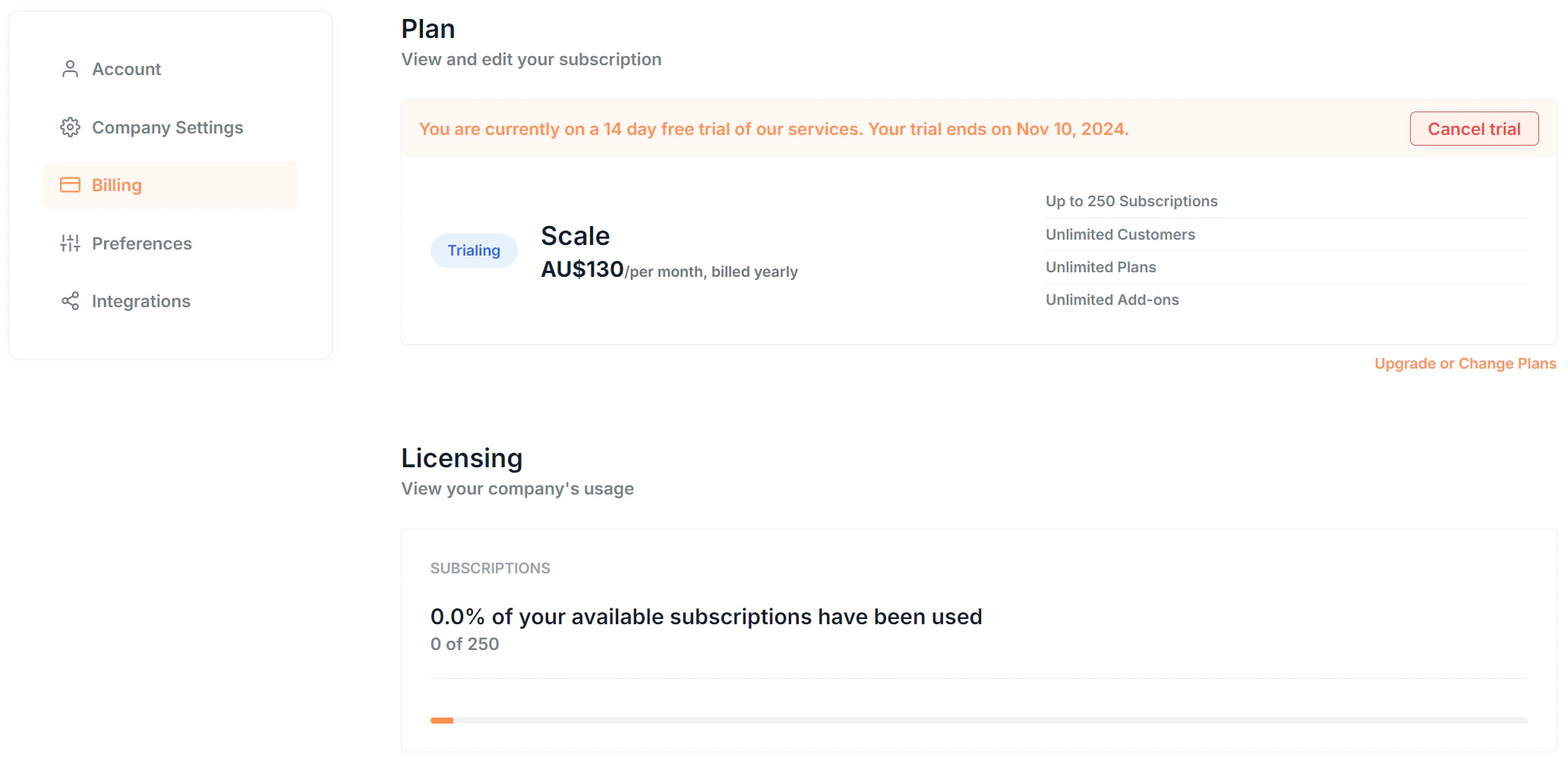Account Page Billing Screenshot
