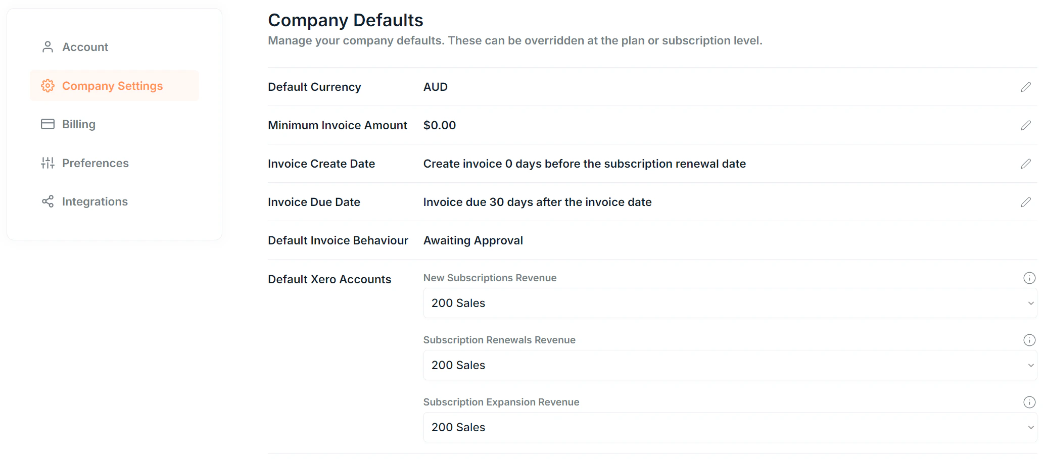 Account Page Company Settings Screenshot