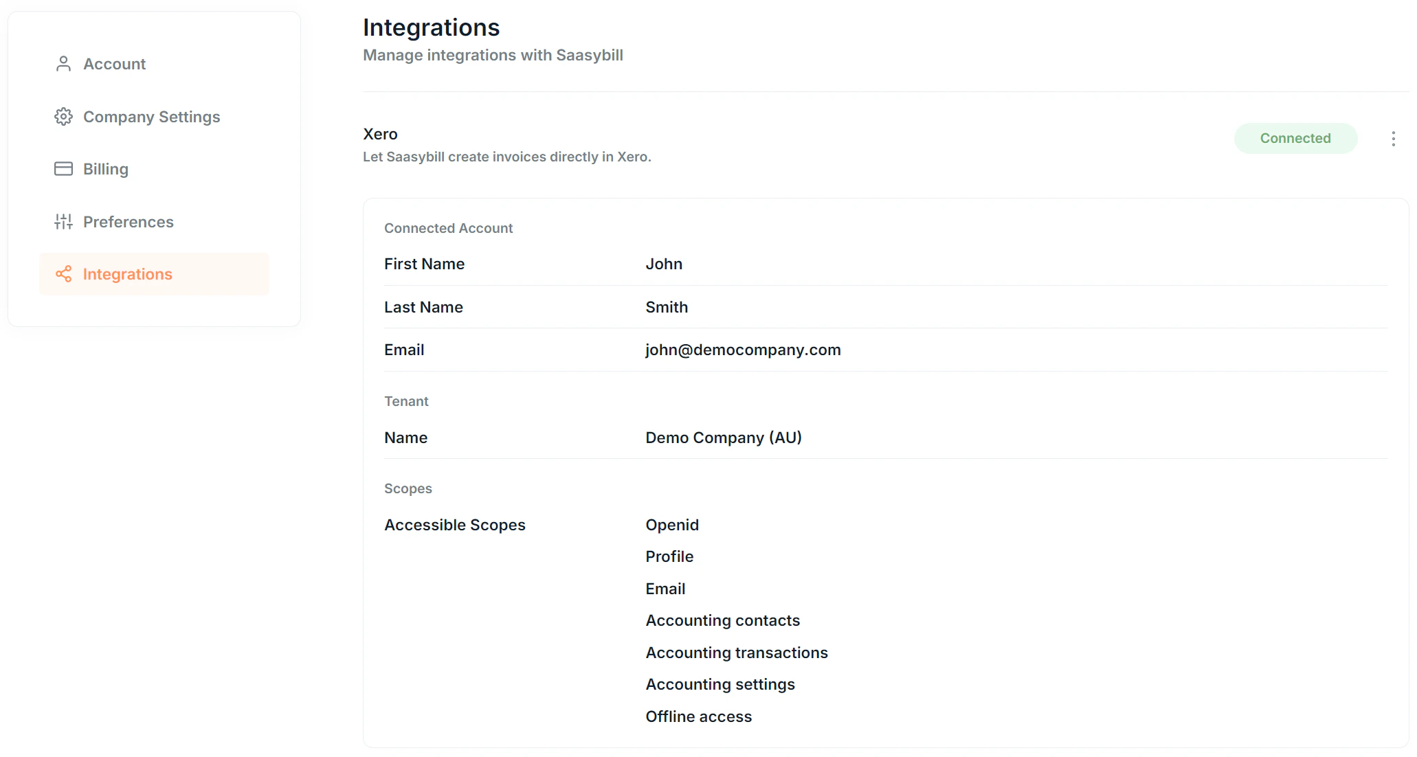 Account Page Integrations Screenshot