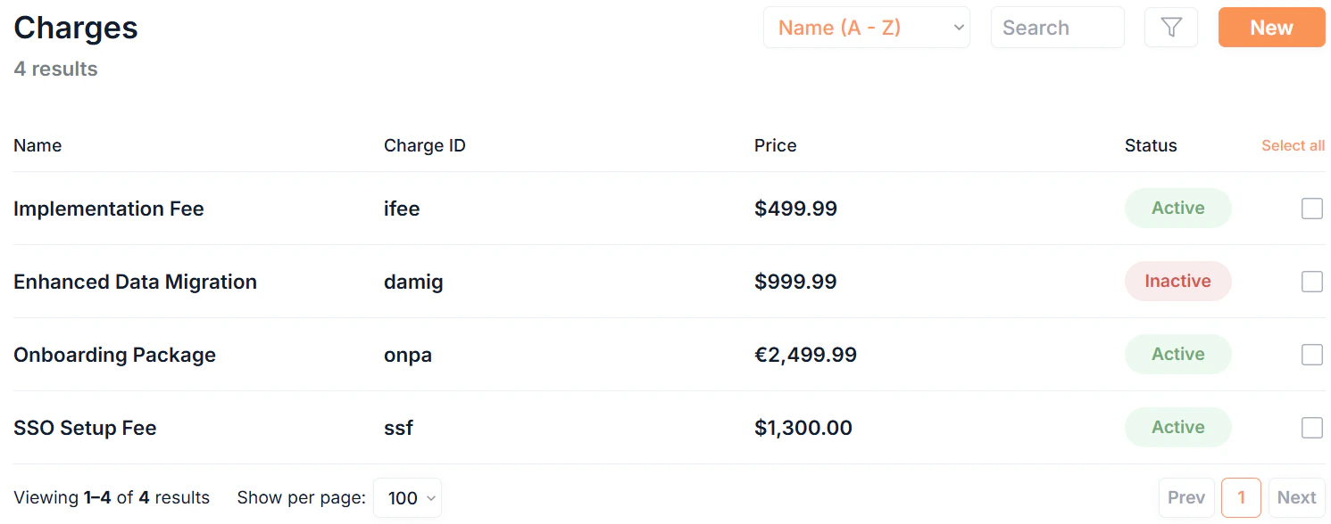 Charges Page Table Screenshot