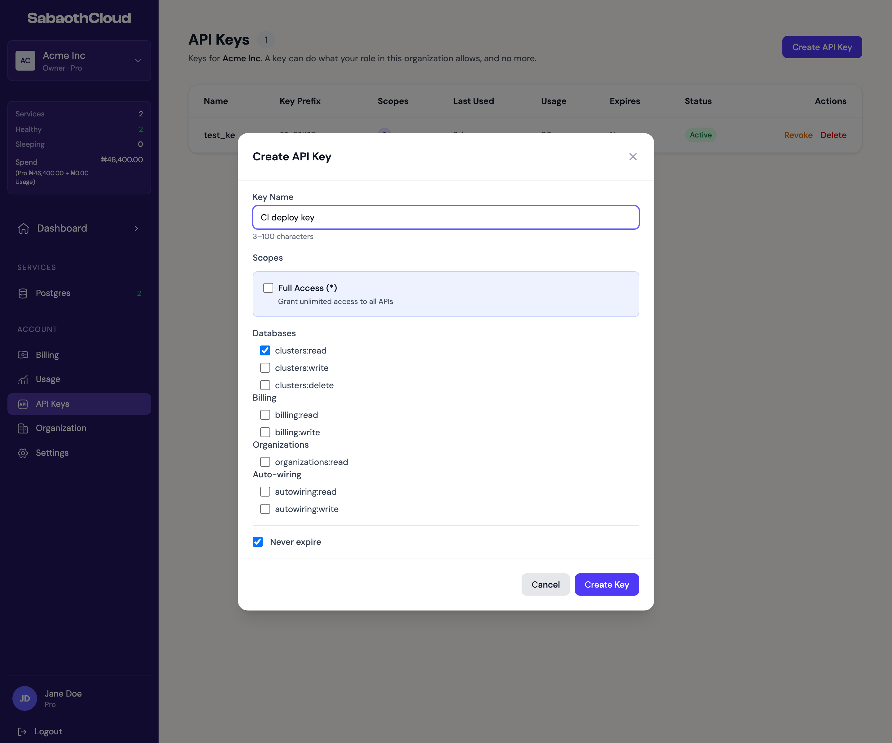 The Create API Key dialog with a name, scopes and expiry