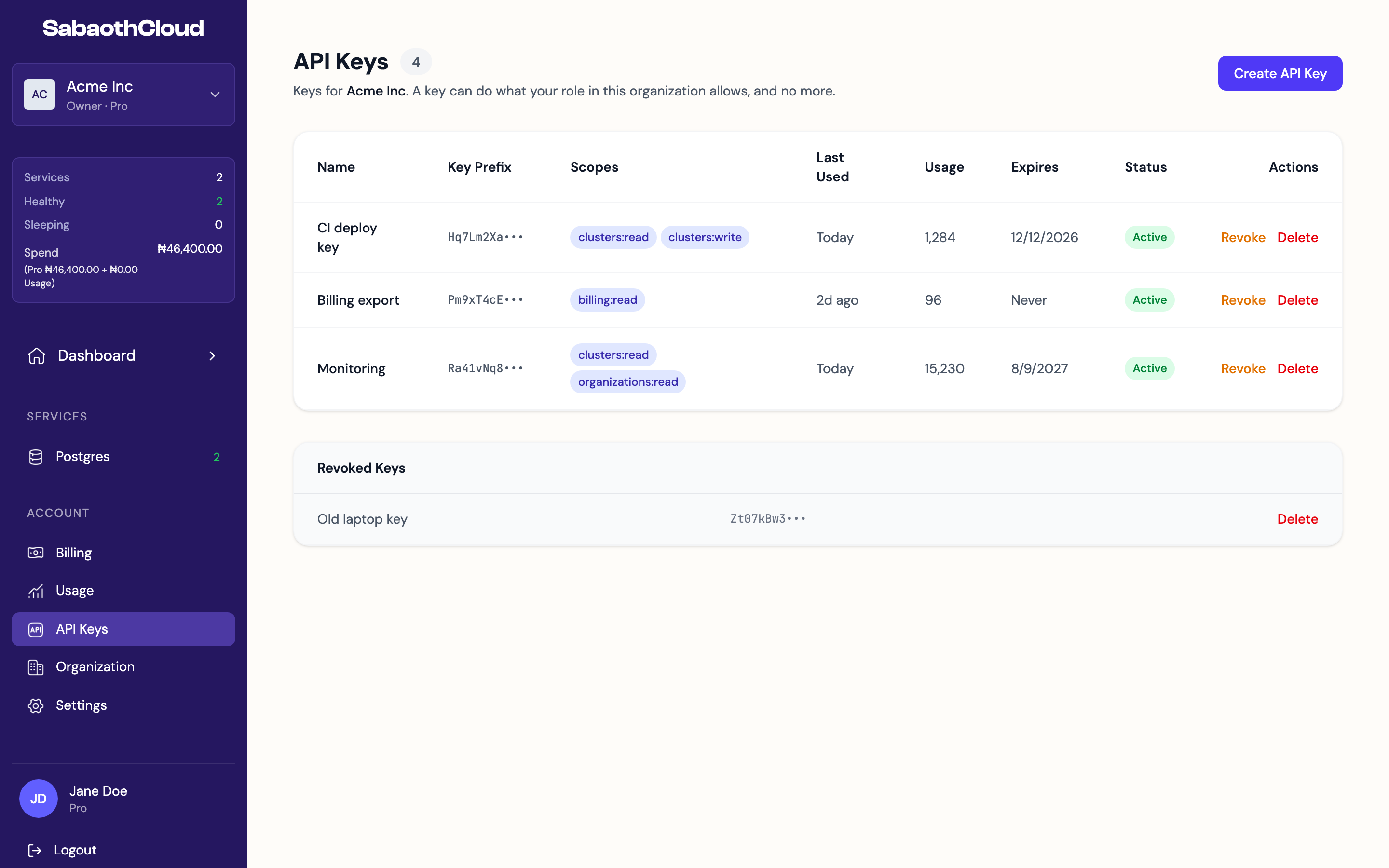 The API Keys page listing active and revoked keys
