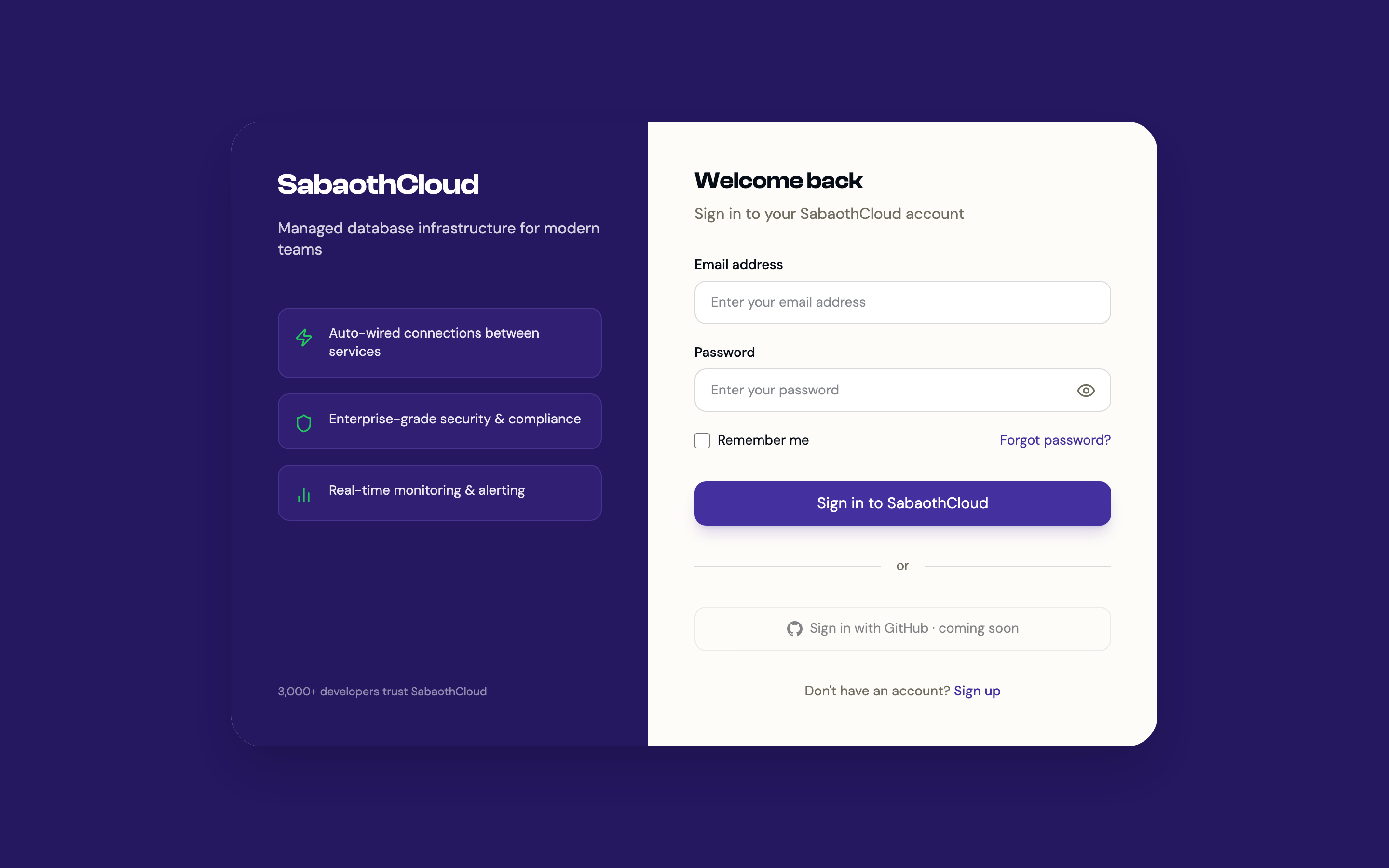 The Welcome back sign-in page