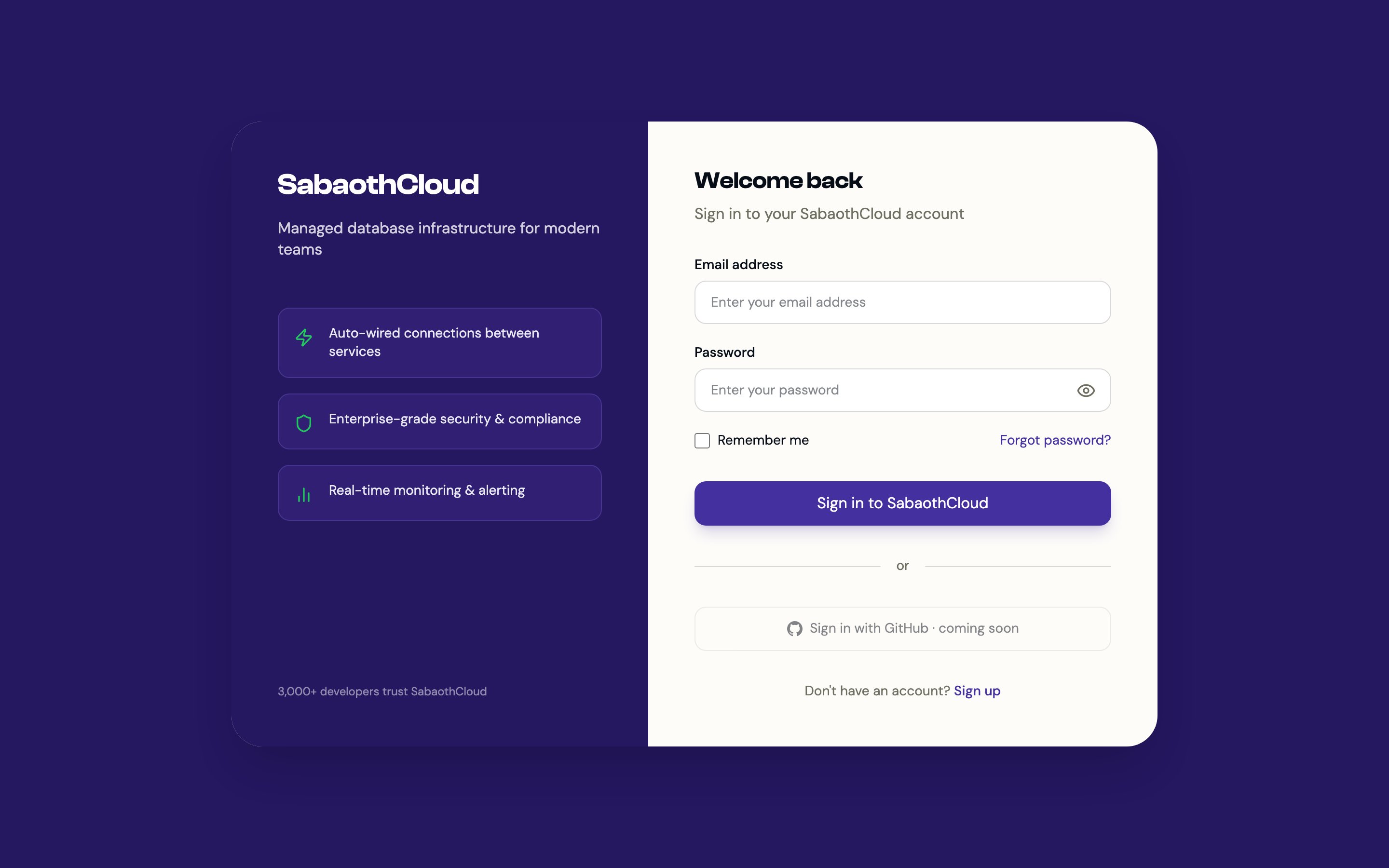 The Welcome back sign-in page