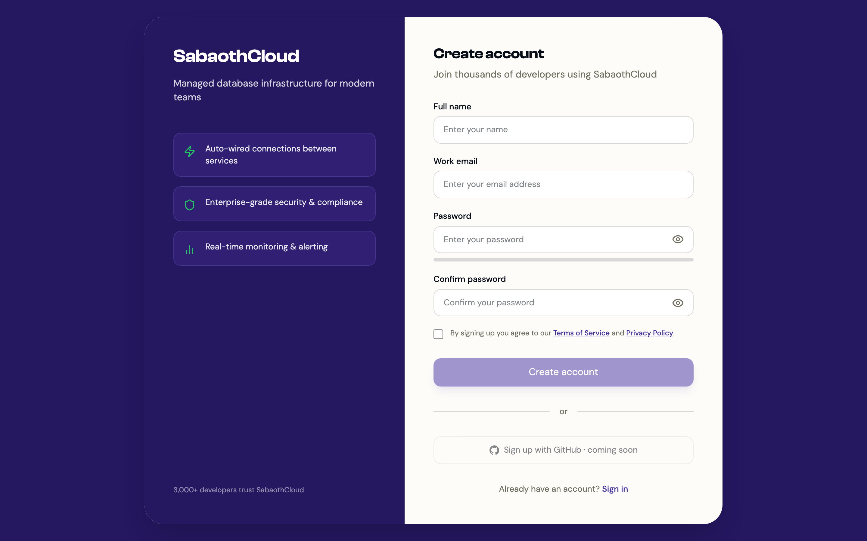 The Create account page