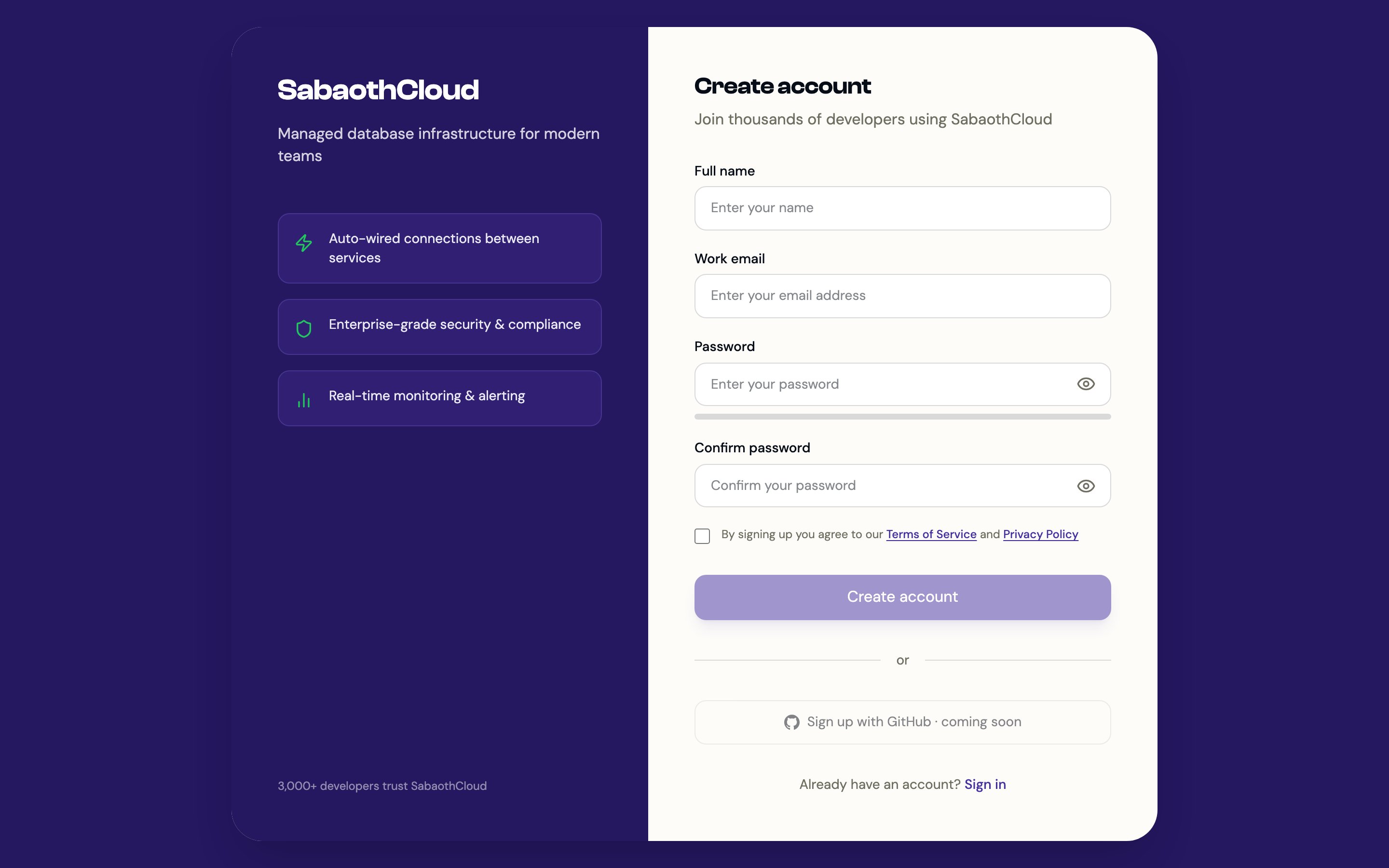 The Create account page