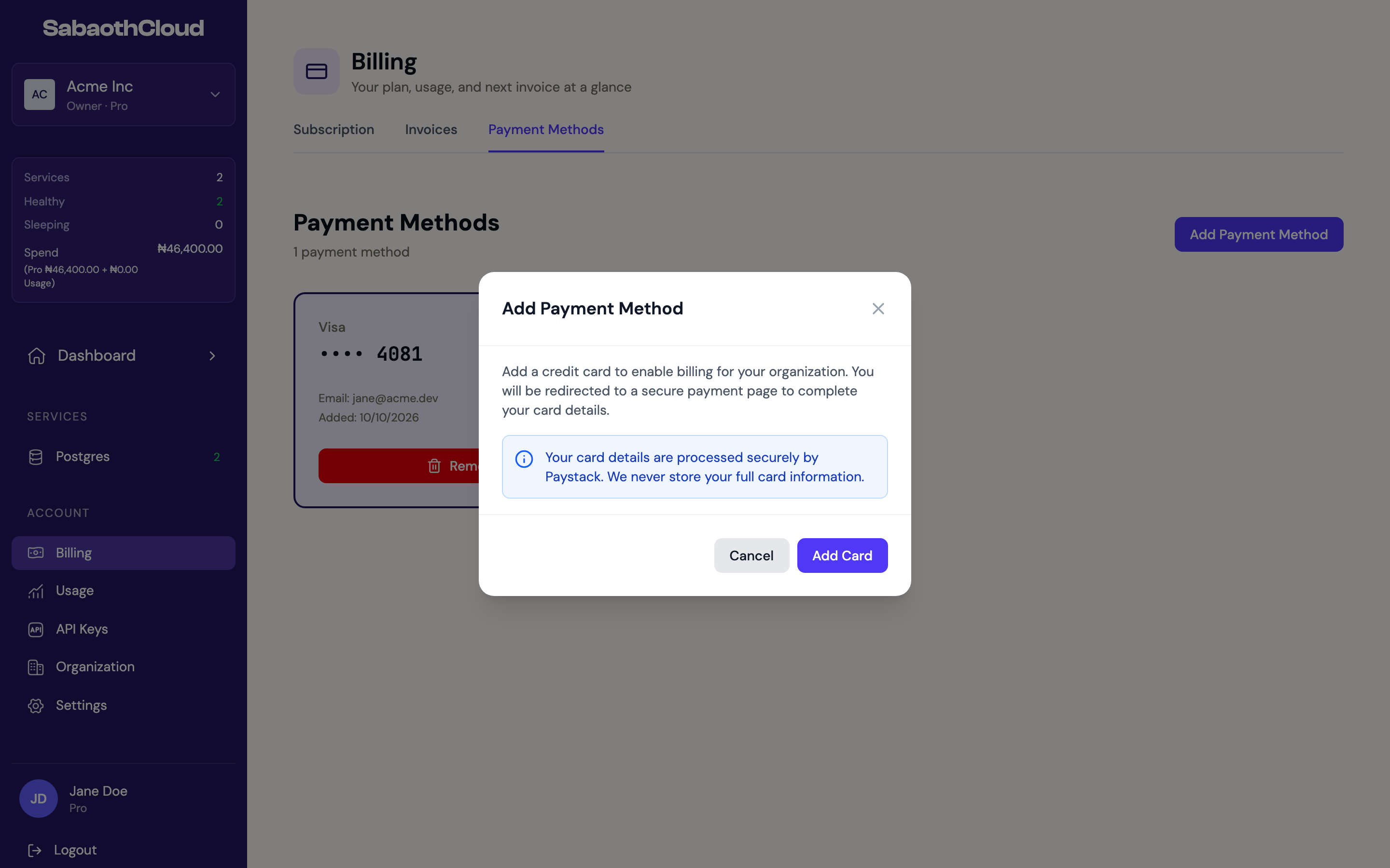 The Add Payment Method dialog